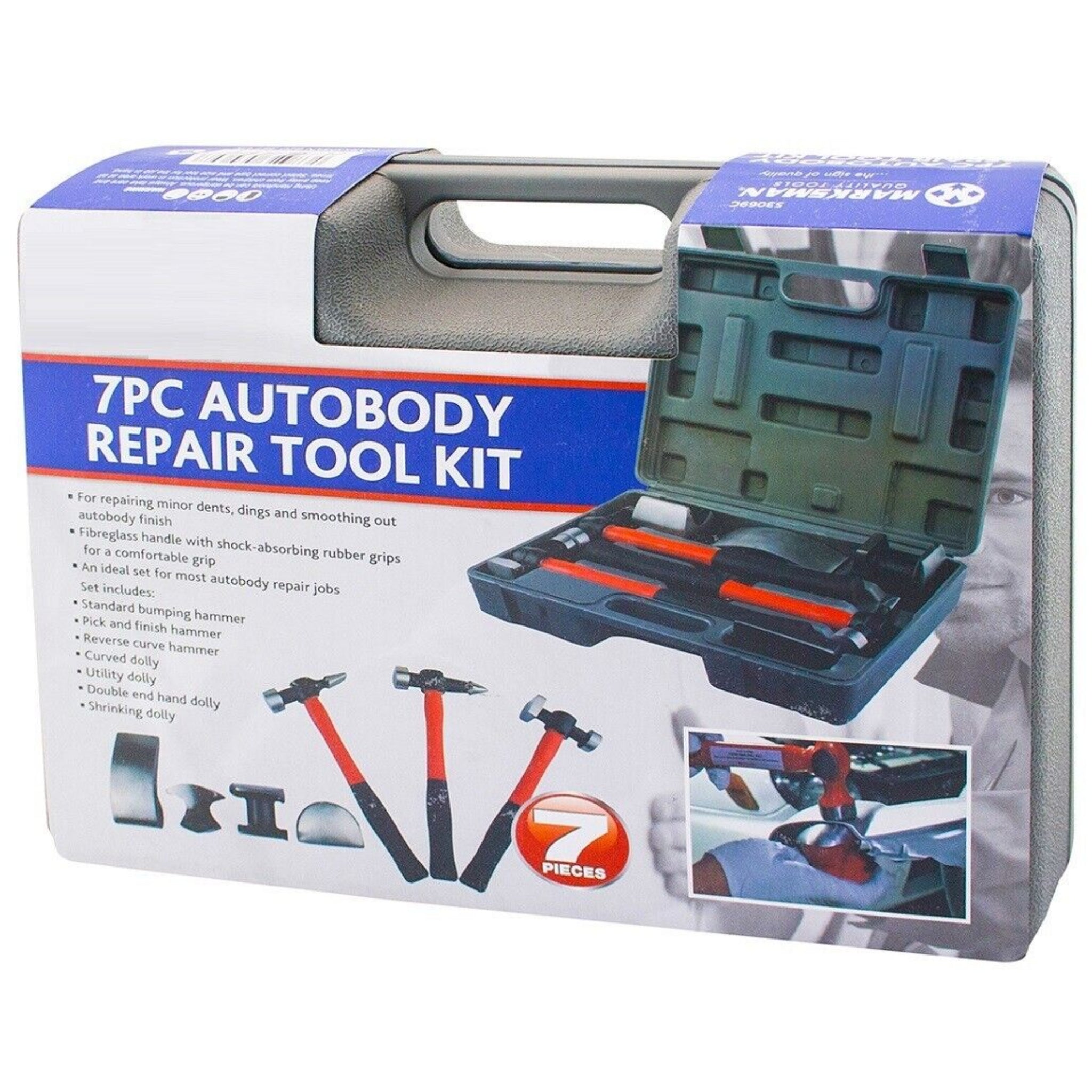 Beclen Harp 7pc Autobody Panel Repair/Dent Removal Tool Kit With Fiber Body Beating/Bumping Hammers
