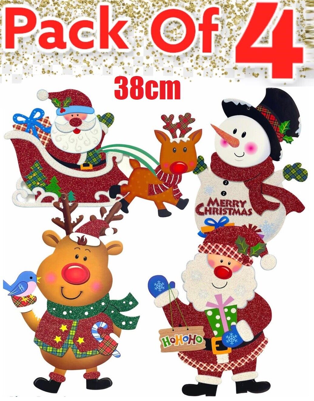 Beclen Harp 4 X Christmas/Xmas Cute Personalized Large Glitter/Sparkle Board Window/Door/Tree Hanging Party Decor/Decoration Size 38cm