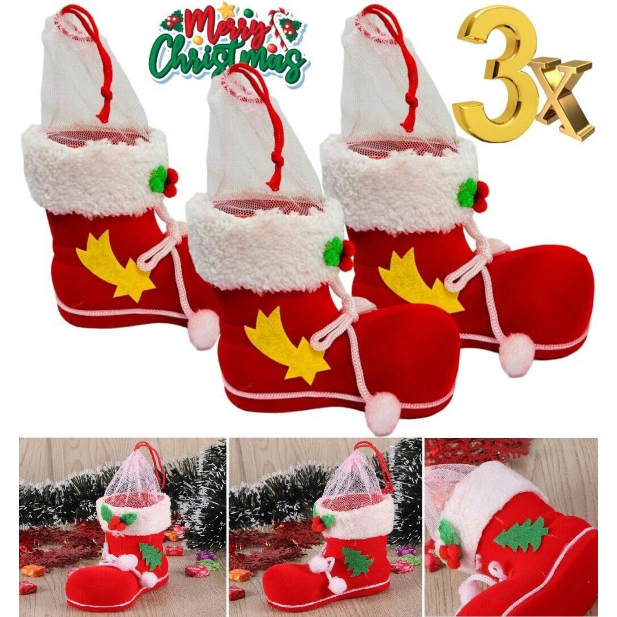 Beclen Harp 3Pc Christmas/Xmas Hanging Santa Claus Candy Boots/Shoes Present/Gift Basket-Perfect Christmas/Xmas Decoration Ornament And Door Decor