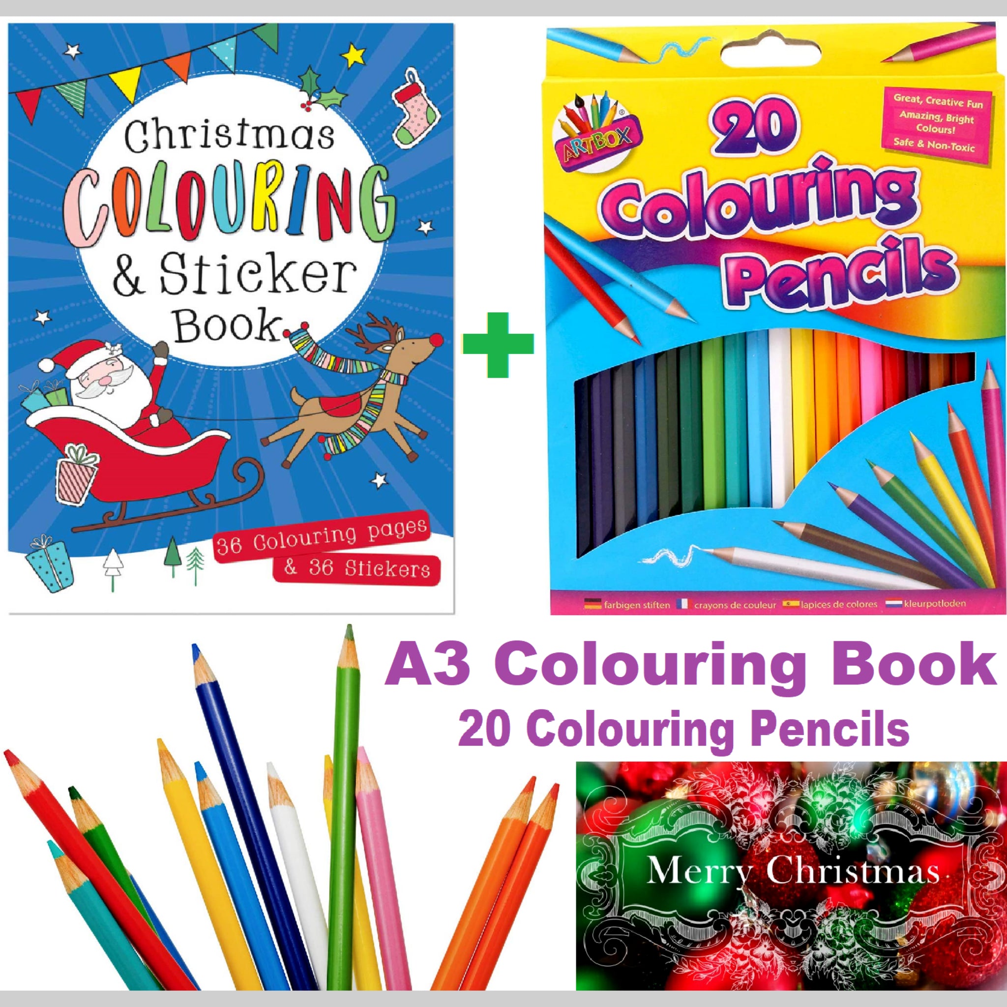 Beclen Harp A3 Festive Christmas/Xmas Colouring and Stickers Set With 20 Pencils Gift/Present Set-Creative Indoor Fun for Kids