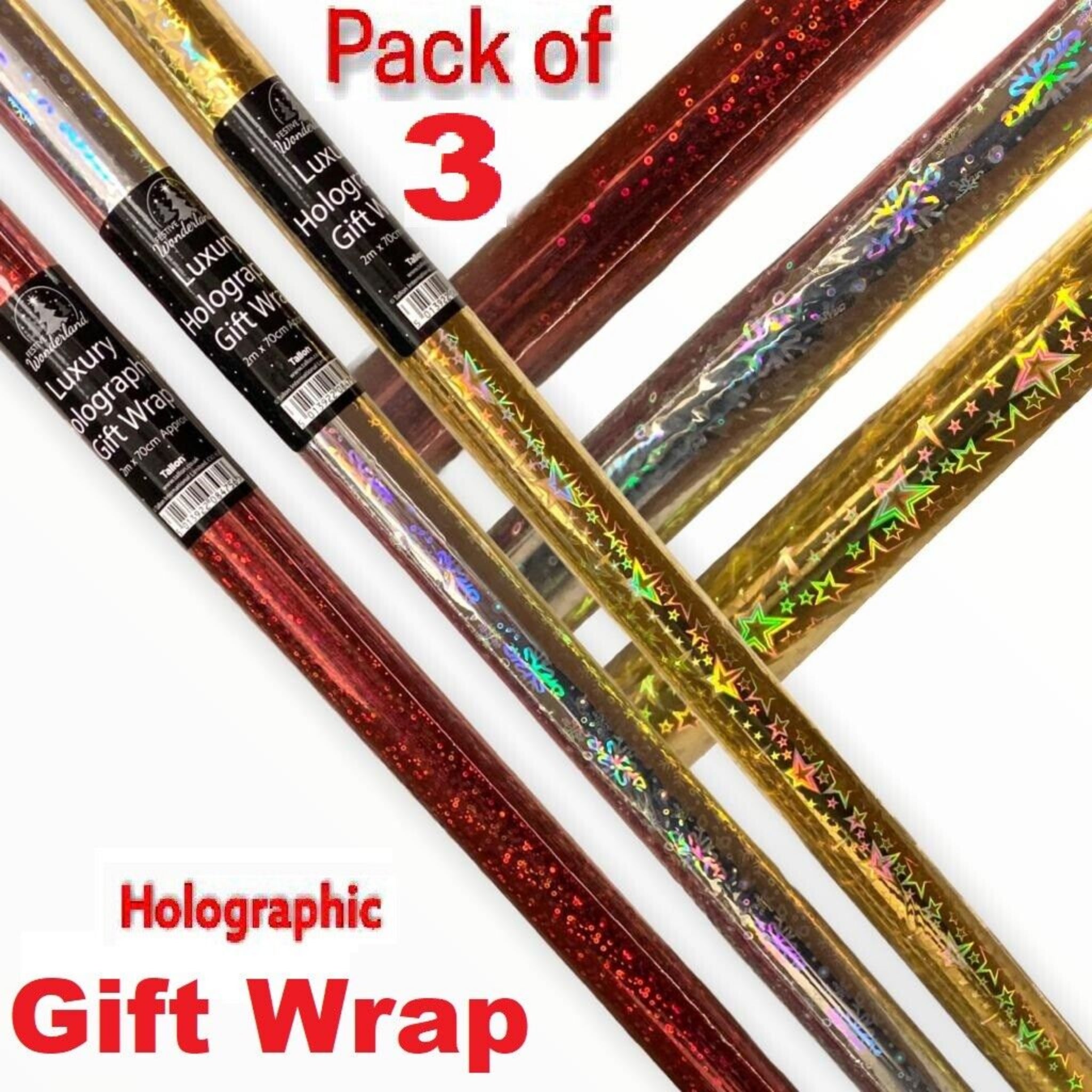 Beclen Harp Pack Of 3 Christmas/Xmas Holographic Shiny Paper Gift Wrap-Perfect Foil Rolls For Party Gifts