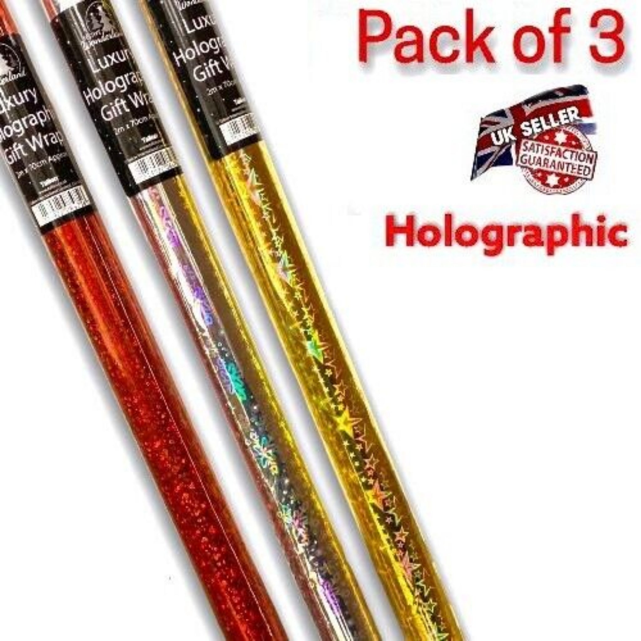 Beclen Harp Pack Of 3 Christmas/Xmas Holographic Shiny Paper Gift Wrap-Perfect Foil Rolls For Party Gifts