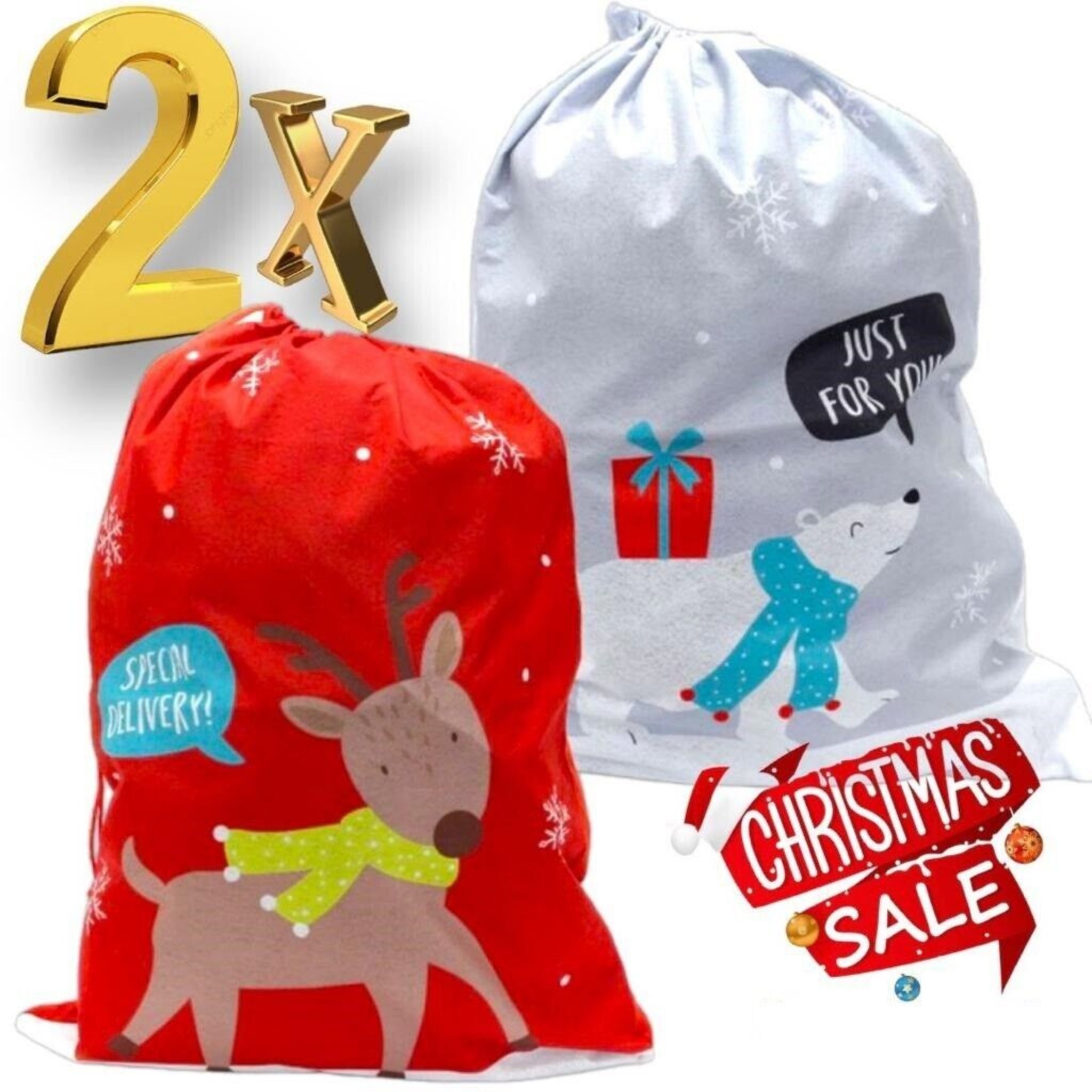 Beclen Harp 2pc Large Luxury Christmas/Xmas Fun Plush Santa Drawstring Present/Gift Bags/Sacks Holiday Décor