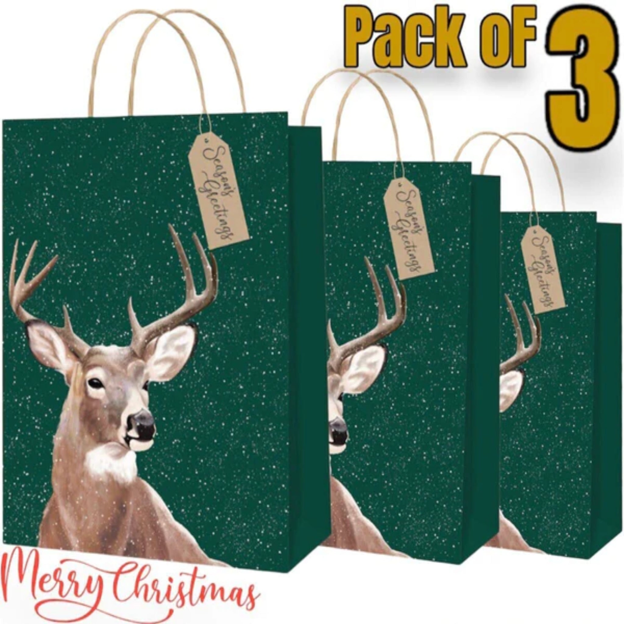 Beclen Harp 3 Medium Luxury Christmas/Xmas Traditional Reindeer Present/Gift Bags With Season's Greetings Tags