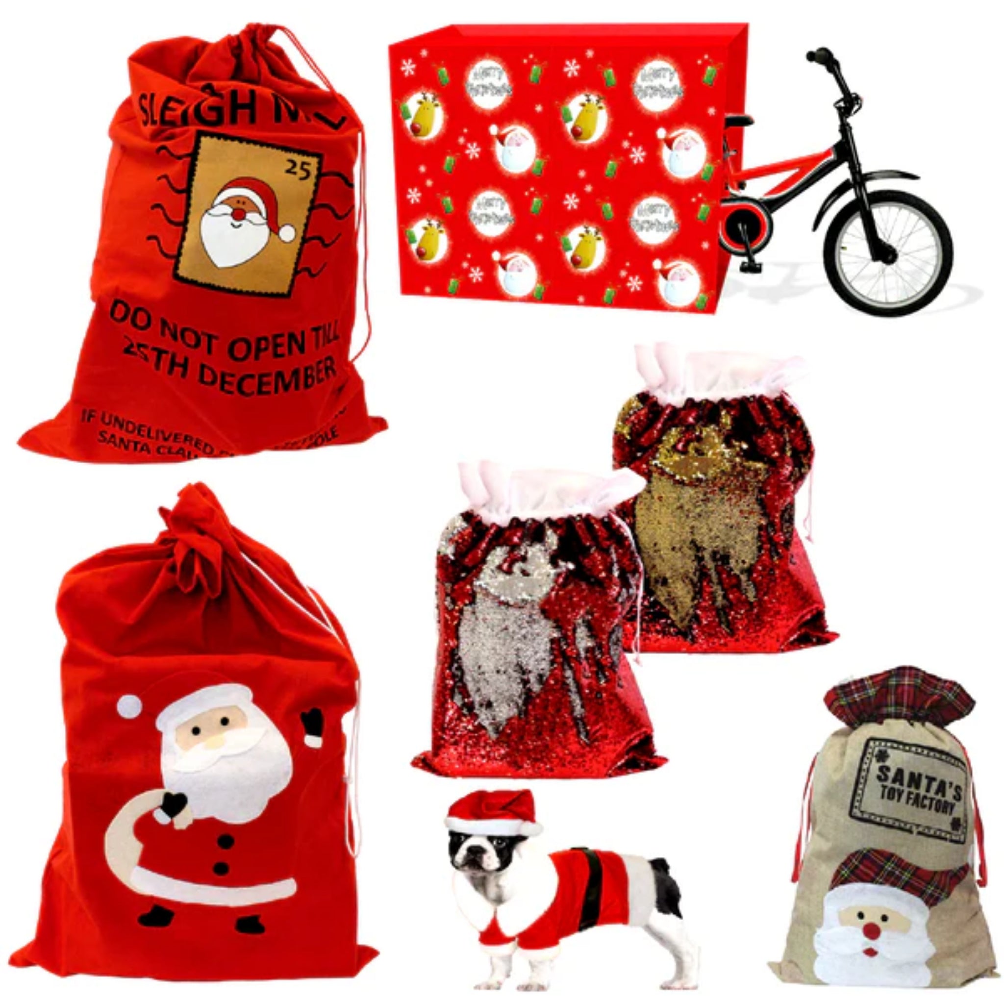 Beclen Harp Giant/Jumbo/Large Luxury Personalized Christmas/Xmas Santa/Bike/Red Father/Rudolph/Reversable Sequin/Tartan/Khaki Bags/Sacks/Stocking For Gifts/Presents-Perfect Sack For Gift Presentation