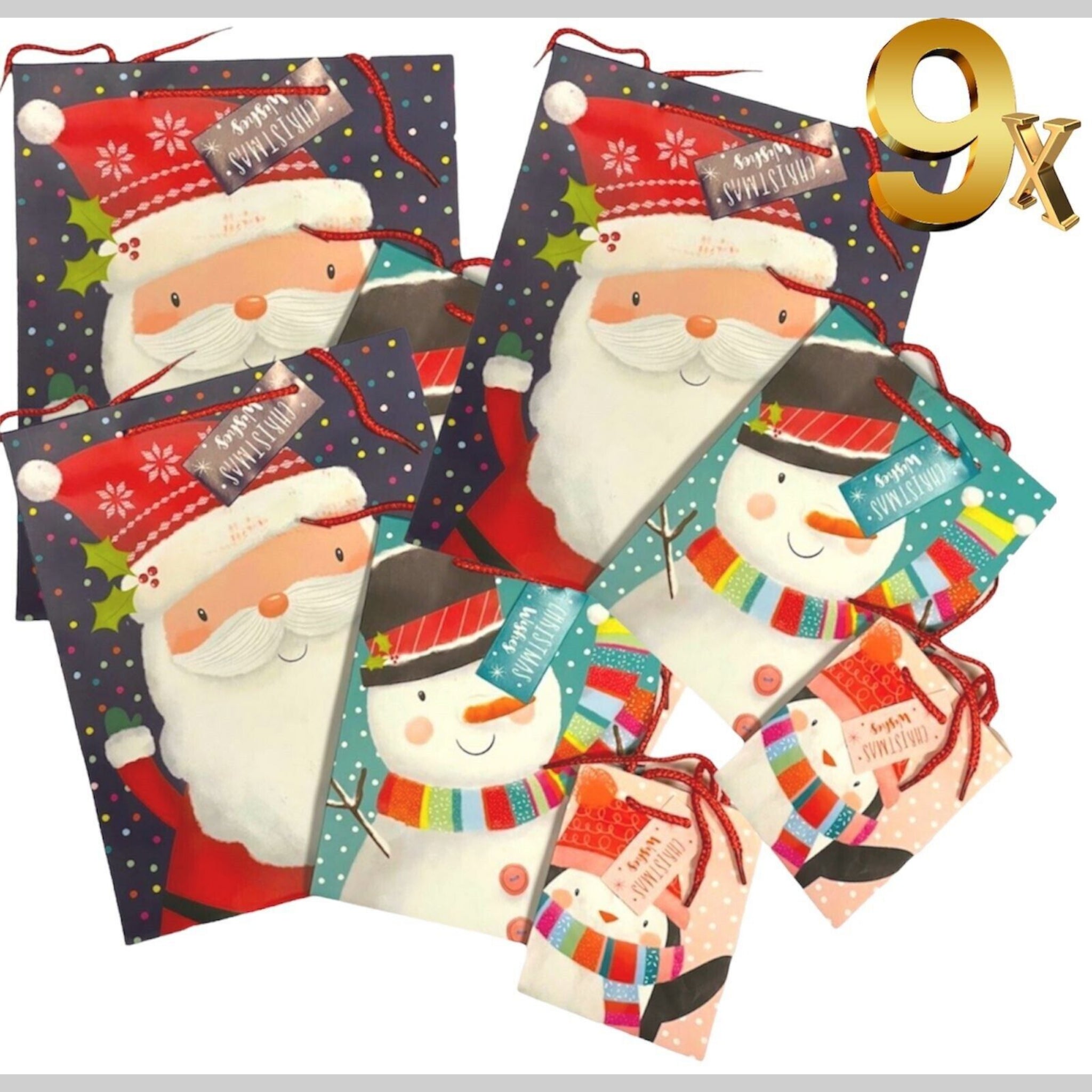 Beclen Harp 9 Luxury Personalized Christmas/Xmas Traditional Snowman/Snowflakes Print Party Gift/Present Bags With Tags