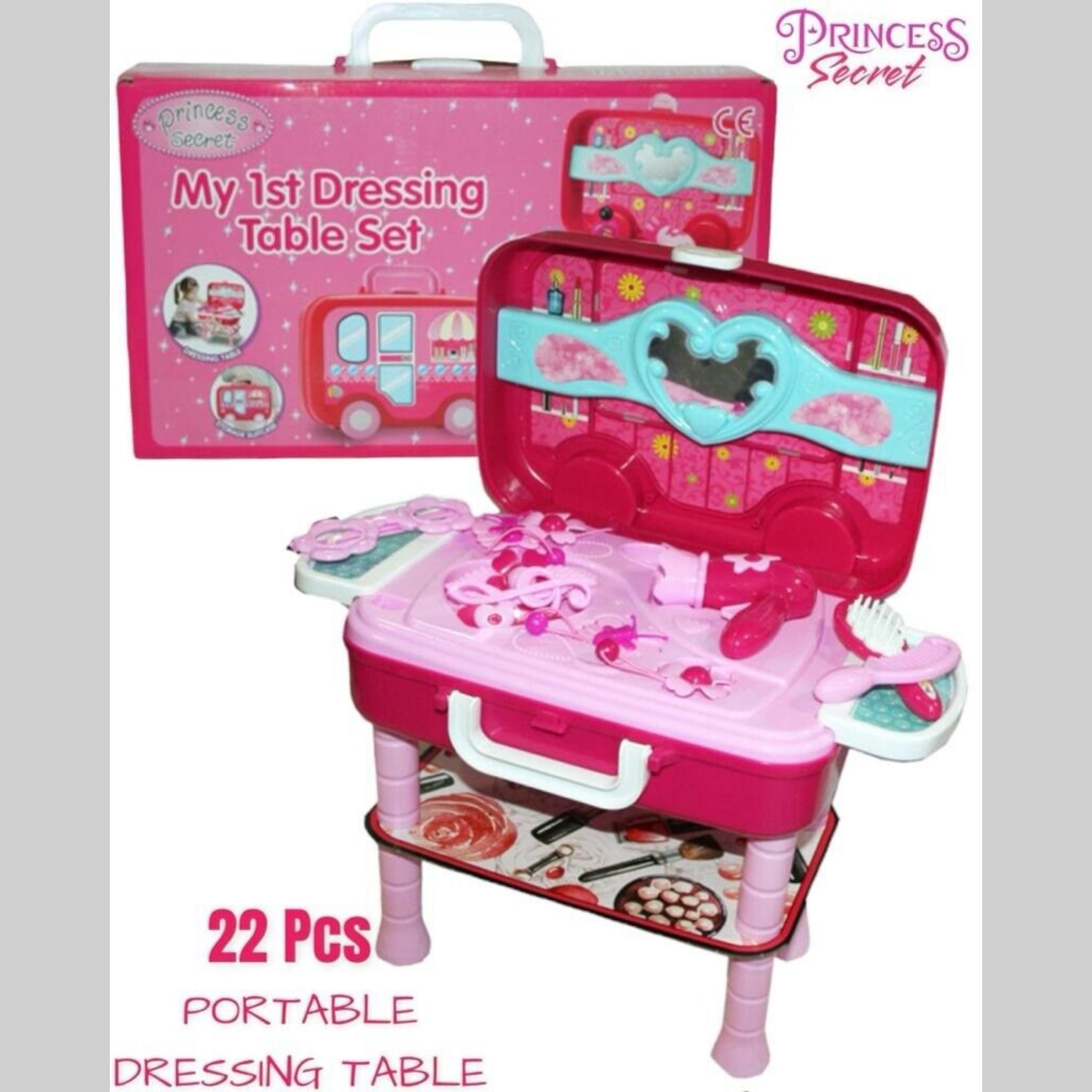 Beclen Harp 22pc Girls Pink Playful Pretend Dressing Table/Make Up Desk/Vanity Desk Portable Toy Set With Mirror-Perfect Christmas/Xmas Gift/Present
