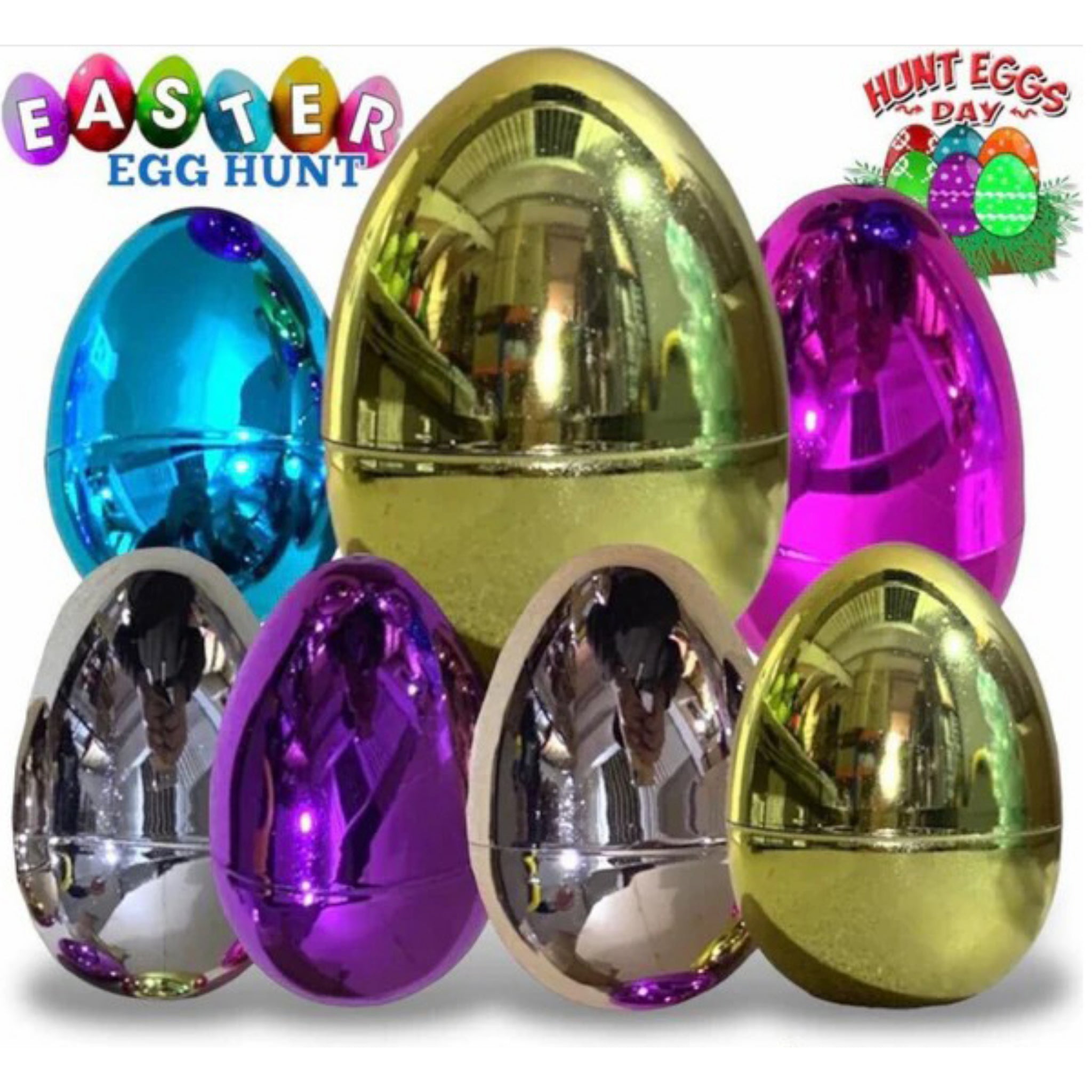 Beclen Harp 7pc Giant Easter Hollow/Fillable Shiny Plastic Filler Egg Hunt Decoration- Perfect Gift Treat