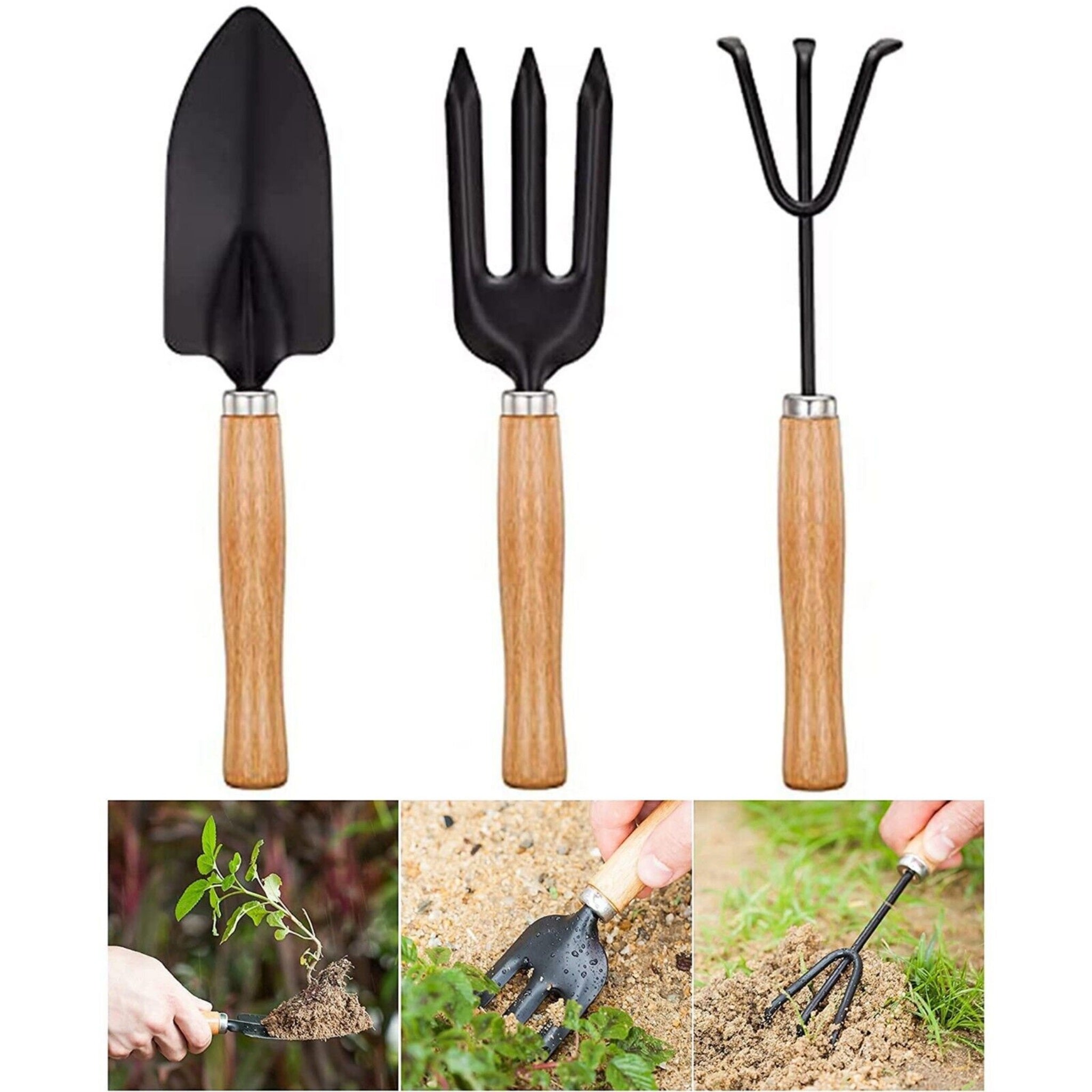 Beclen Harp 3pc Set Mini Gardening Wooden Hand Tool Set Cultivator Fork Trowel Shovel Kit Garden UK