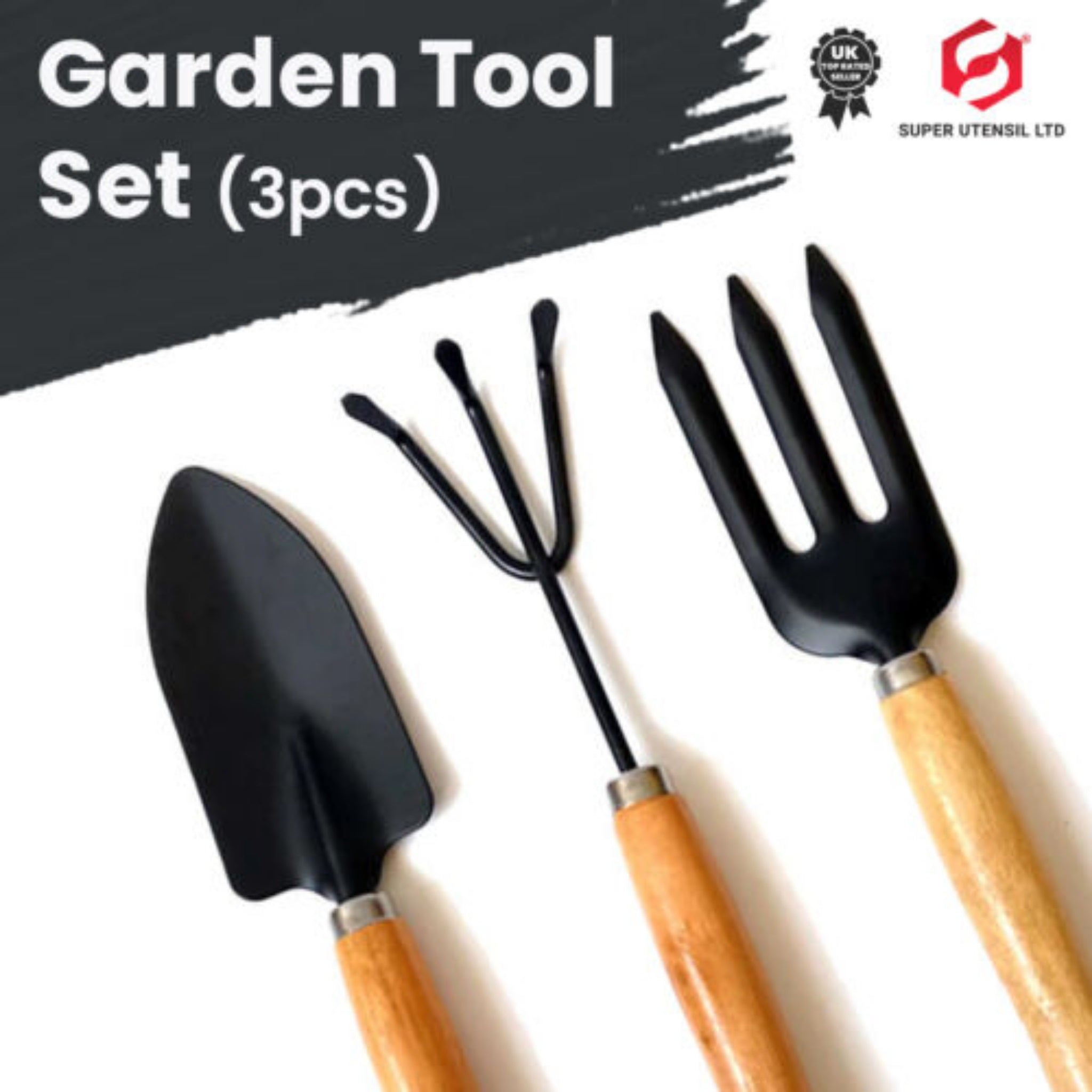 Beclen Harp 3pc Set Mini Gardening Wooden Hand Tool Set Cultivator Fork Trowel Shovel Kit Garden UK