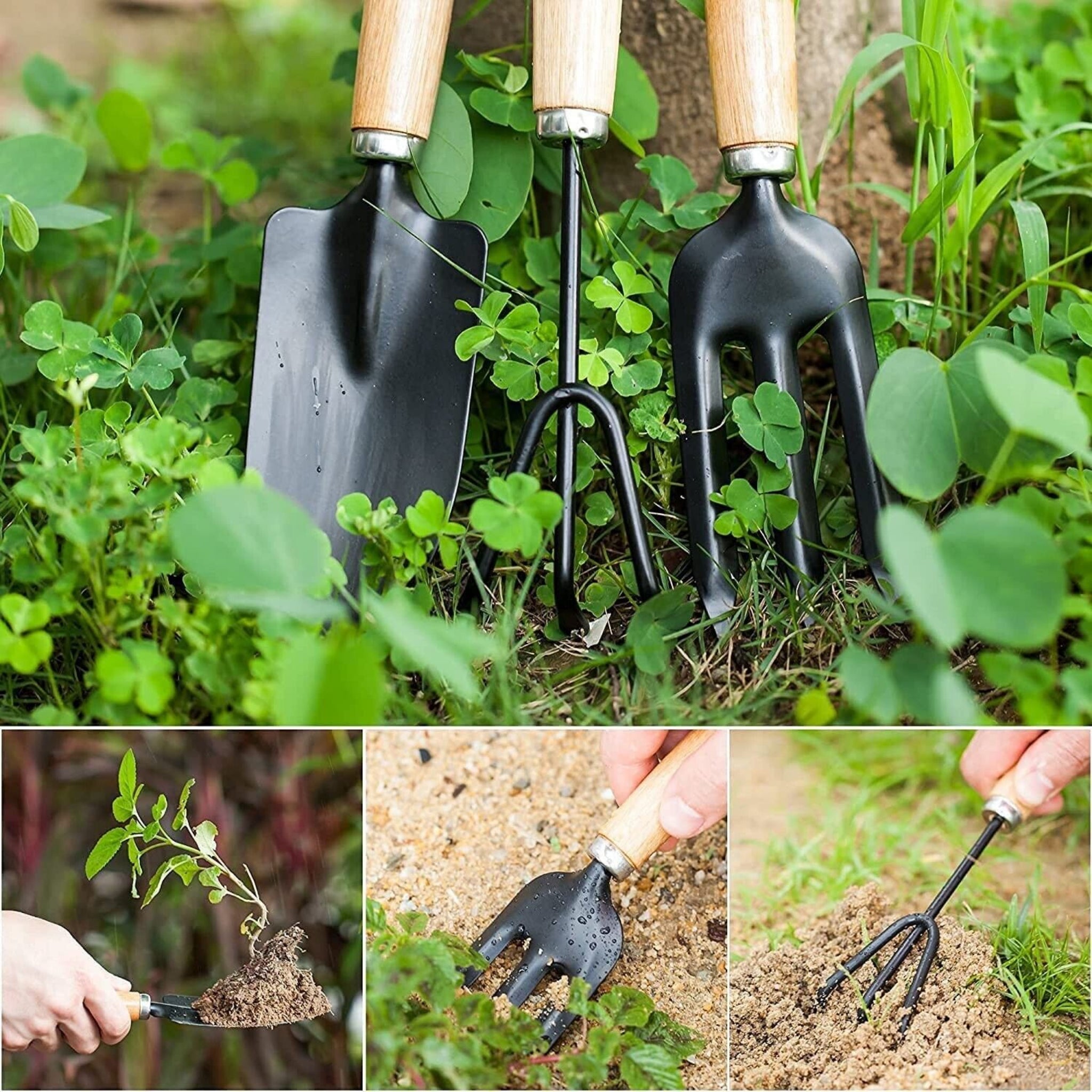 Beclen Harp 3pc Mini Gardening Wooden Garden Hand Tool Set Cultivator Fork Trowel Shovel Kit