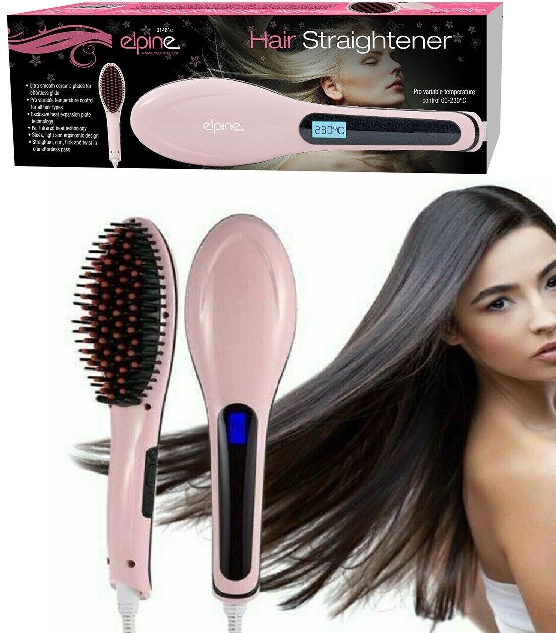 Beclen Harp Pink Professional LCD Display Ceramic Heated Hair Straightening Brush-Perfect Christmas/Xmas Gift