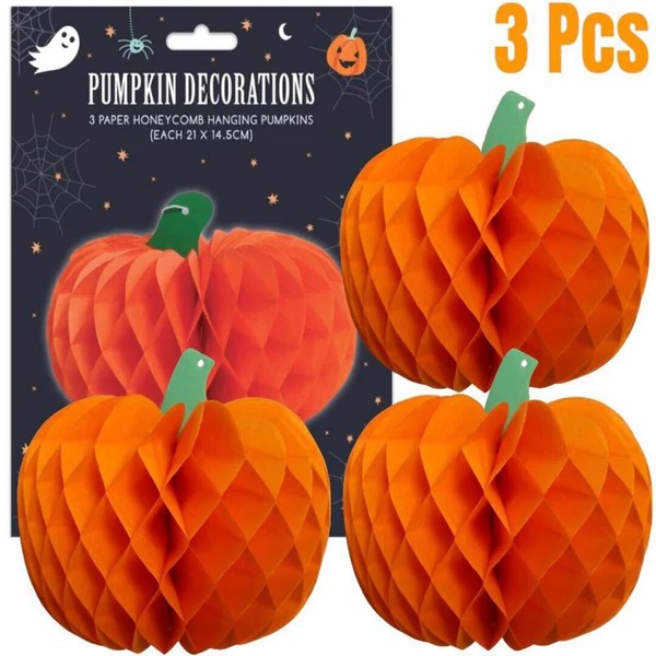 Beclen Harp Halloween 3 Paper Honeycomb Hanging Pumpkin 3D Decorations/ Spooky Fun Tissue Paper Scary Party Coloured Fan Ceiling Door Decor Indoor Outdoor