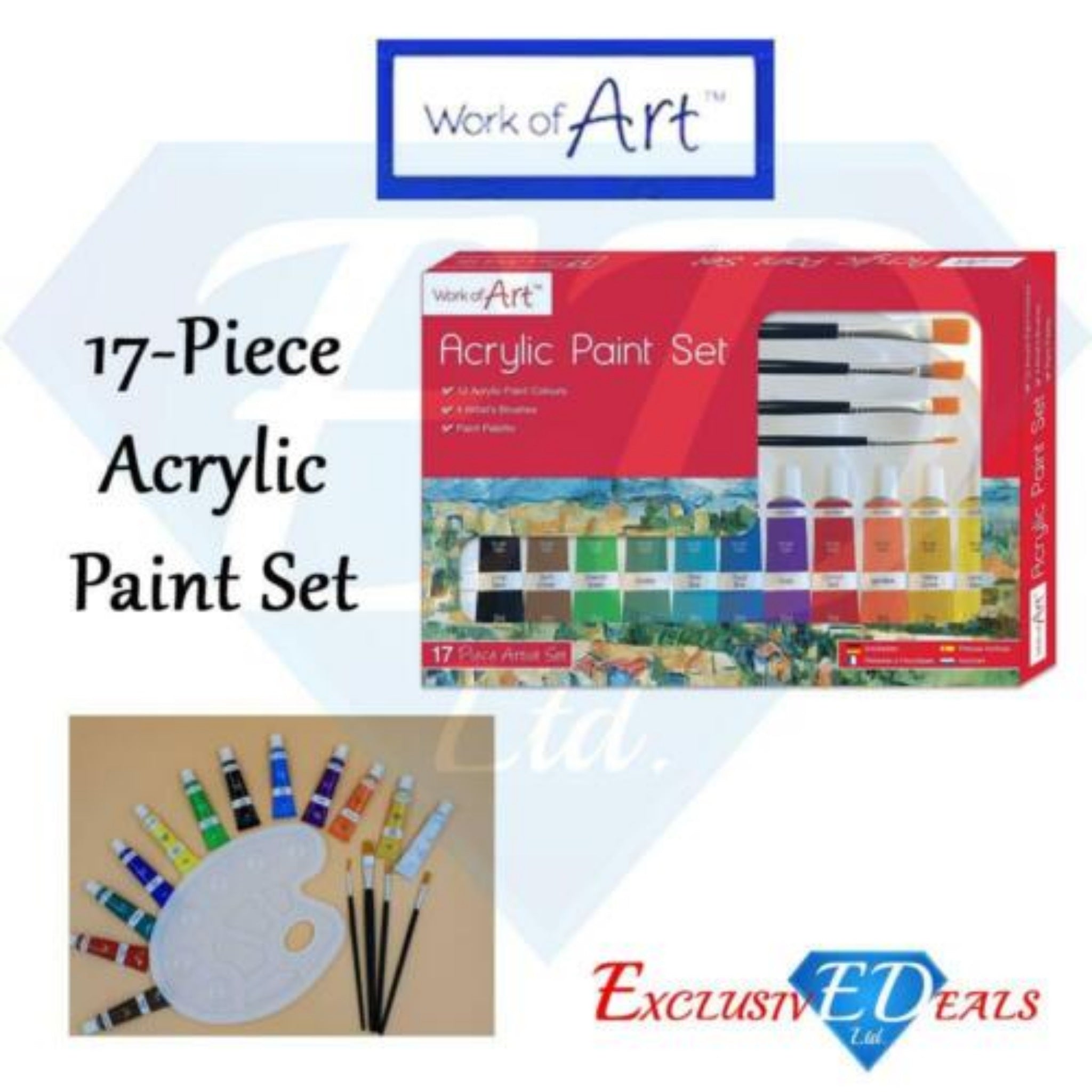 Beclen Harp Artists Acrylic Paint Set 17Pc Brushes Palette Assorted Colour Paints Work Of Art included 12 Tubes, 4 Brushes and Palette