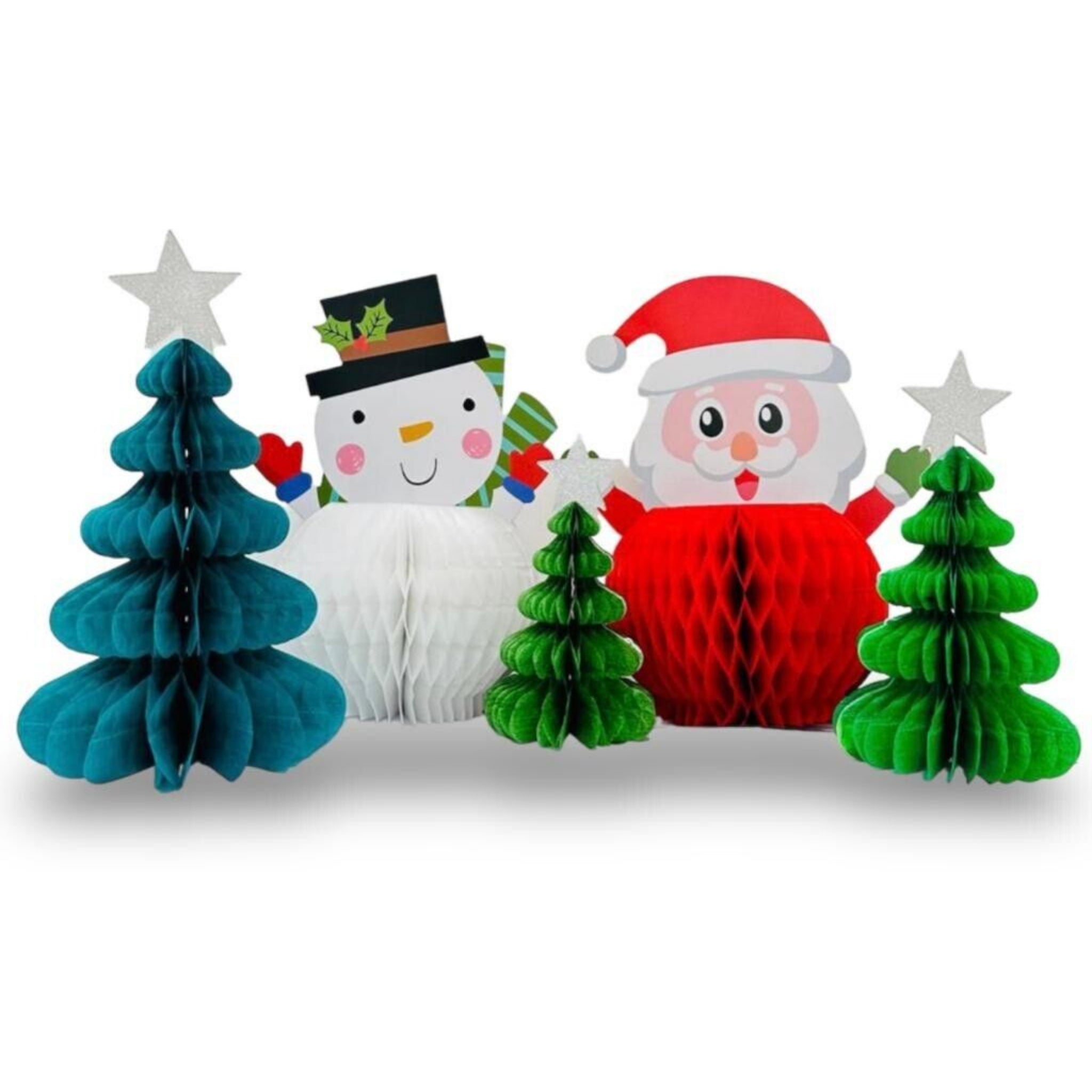 Beclen Harp 5pc Christmas/Xmas Honeycomb Paper Tree/Santa/Snowman Tablescape Decoration-Perfect Christmas/Xmas Party Hanging Decor