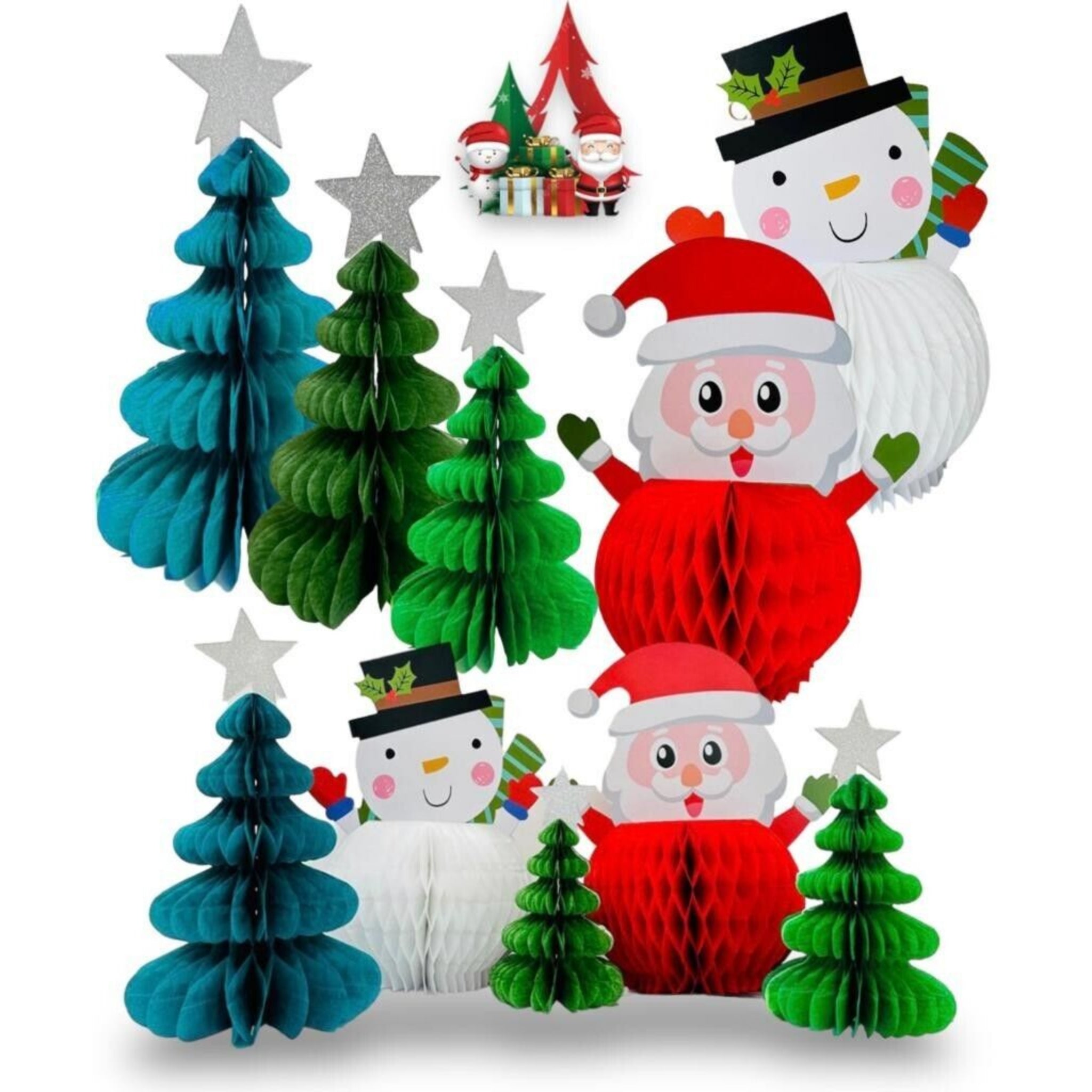Beclen Harp 5pc Christmas/Xmas Honeycomb Paper Tree/Santa/Snowman Tablescape Decoration-Perfect Christmas/Xmas Party Hanging Decor