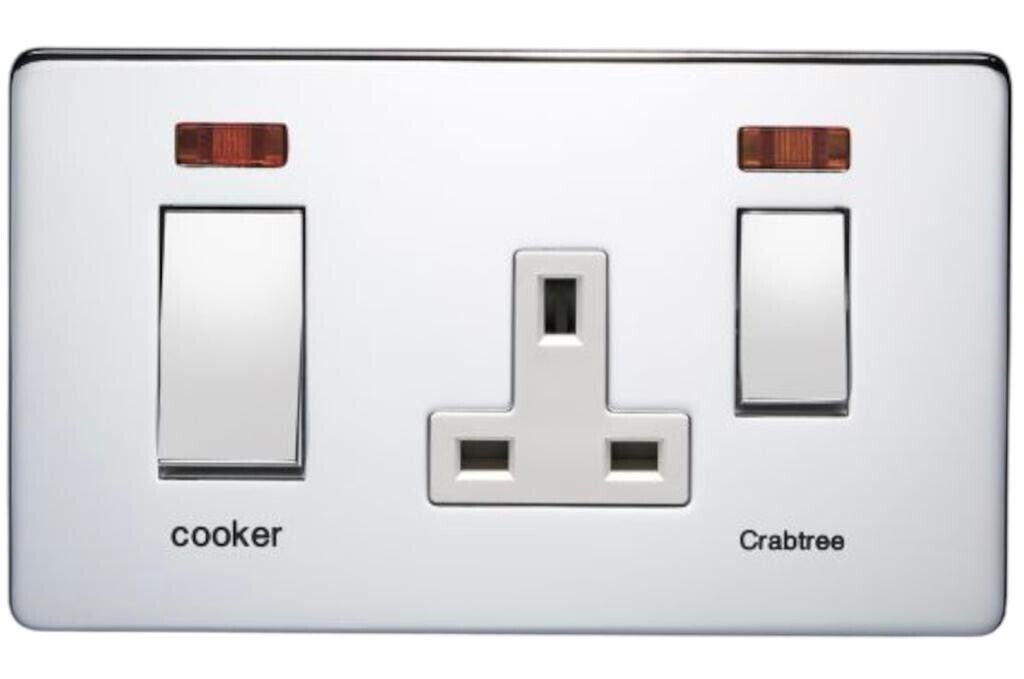 Beclen Harp Screwless Crabtree Platinum Brushed Chrome White Insert Cooker Socket And Light Switches