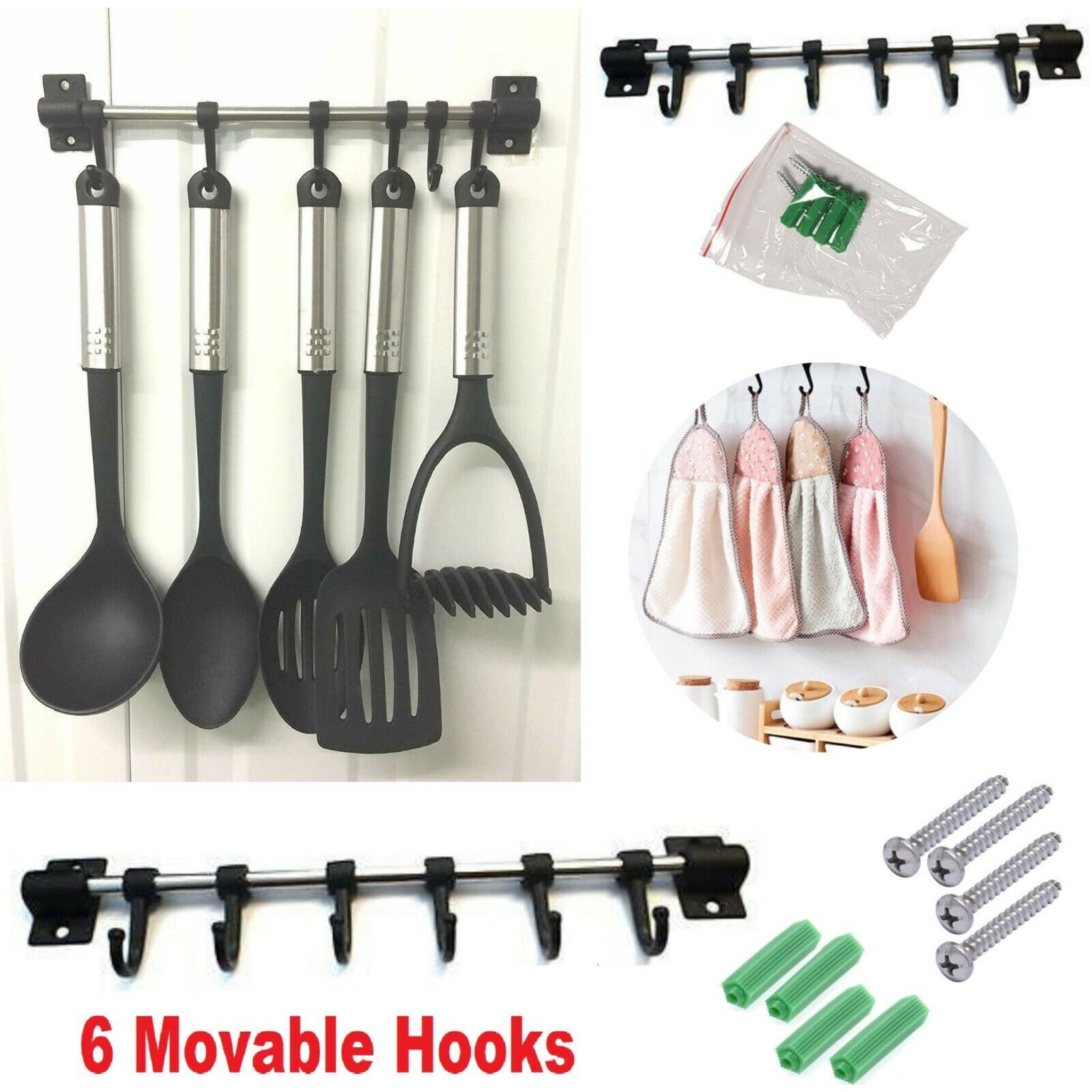 Beclen Harp 6 Movable Wall Mounted Hook Kitchen Utensil Holder Rail-Perfect Fixture Storage Wall Rack Rail