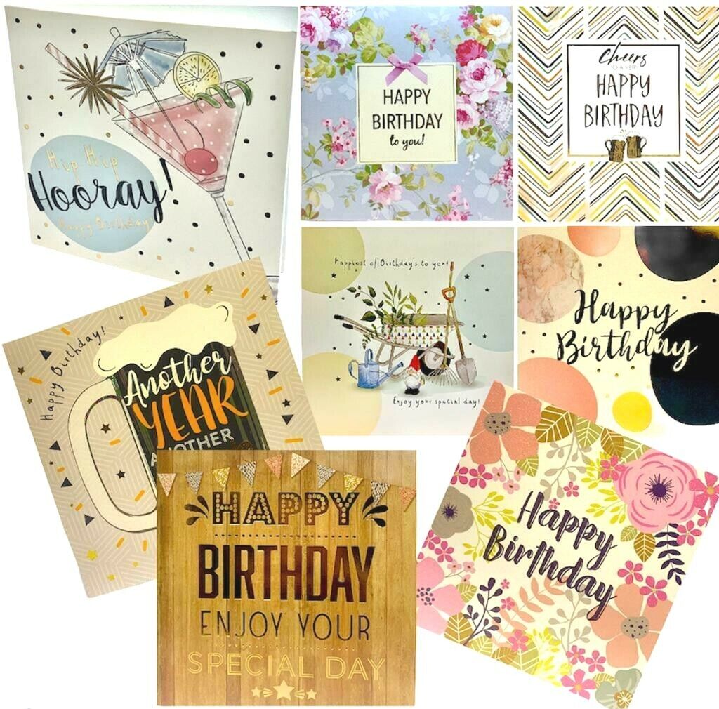 Beclen Harp Pack of 8 Mixed Assorted Happy Birthday Adult Cards Greeting Card Mum & Dad