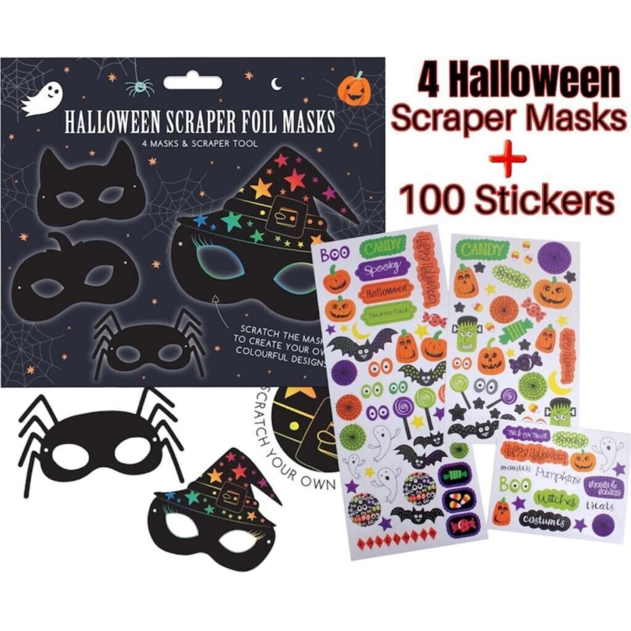 Beclen Harp Halloween Pumpkin Trick Or Treat 100 Stickers Gift Craft Sticker-4 Scraper Masks
