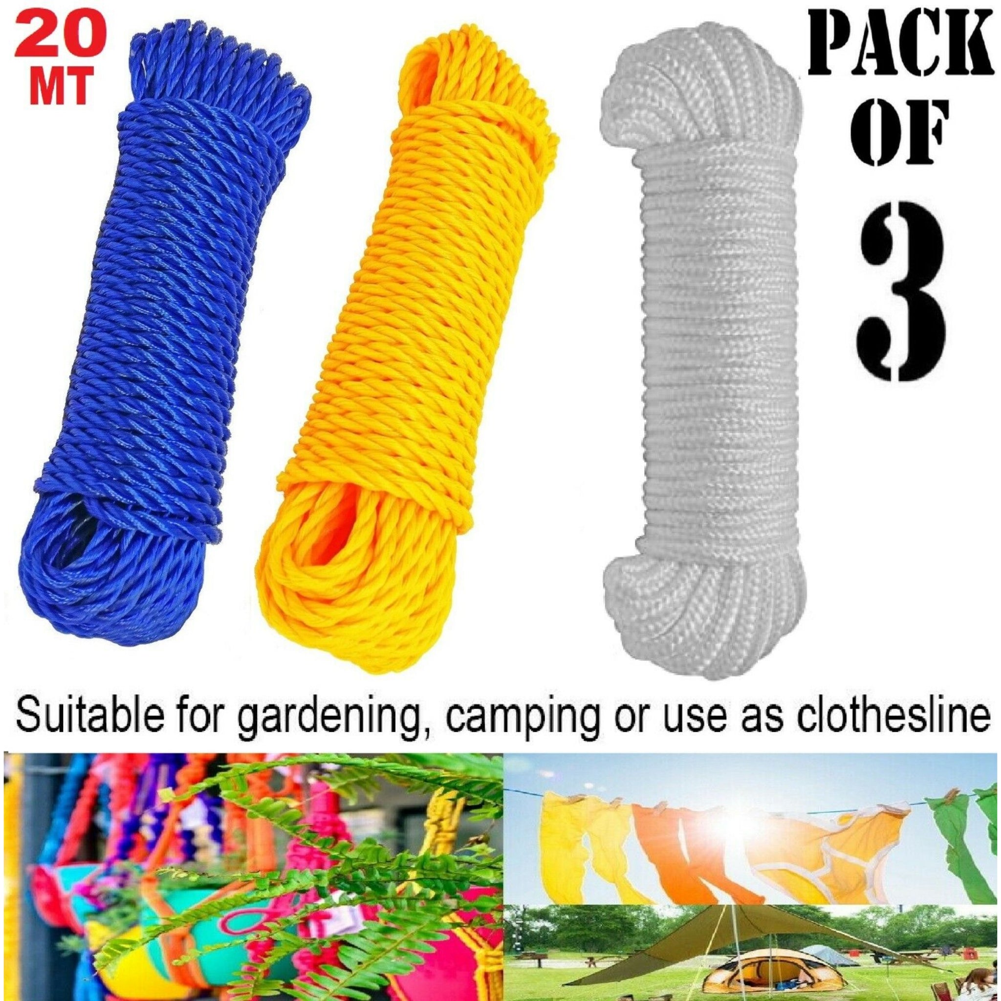 Beclen Harp 3Pcs 20MT Strong Nylon Rope Washing Clothes Line Bright Colored Garden Camping