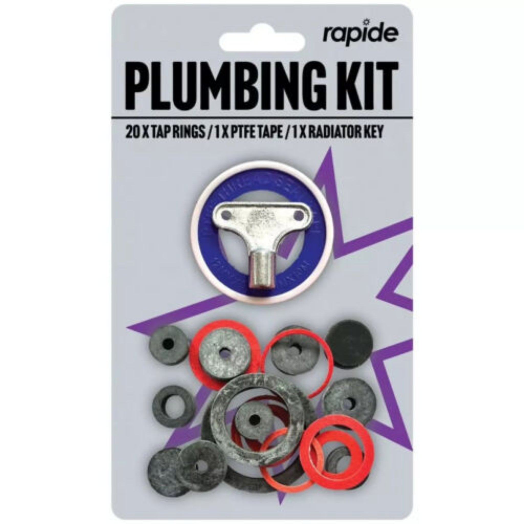 Beclen Harp 22pc Plumbing Kit Washers Tap Rings Radiator Key PTFE Sealing Tape DIY Plumber