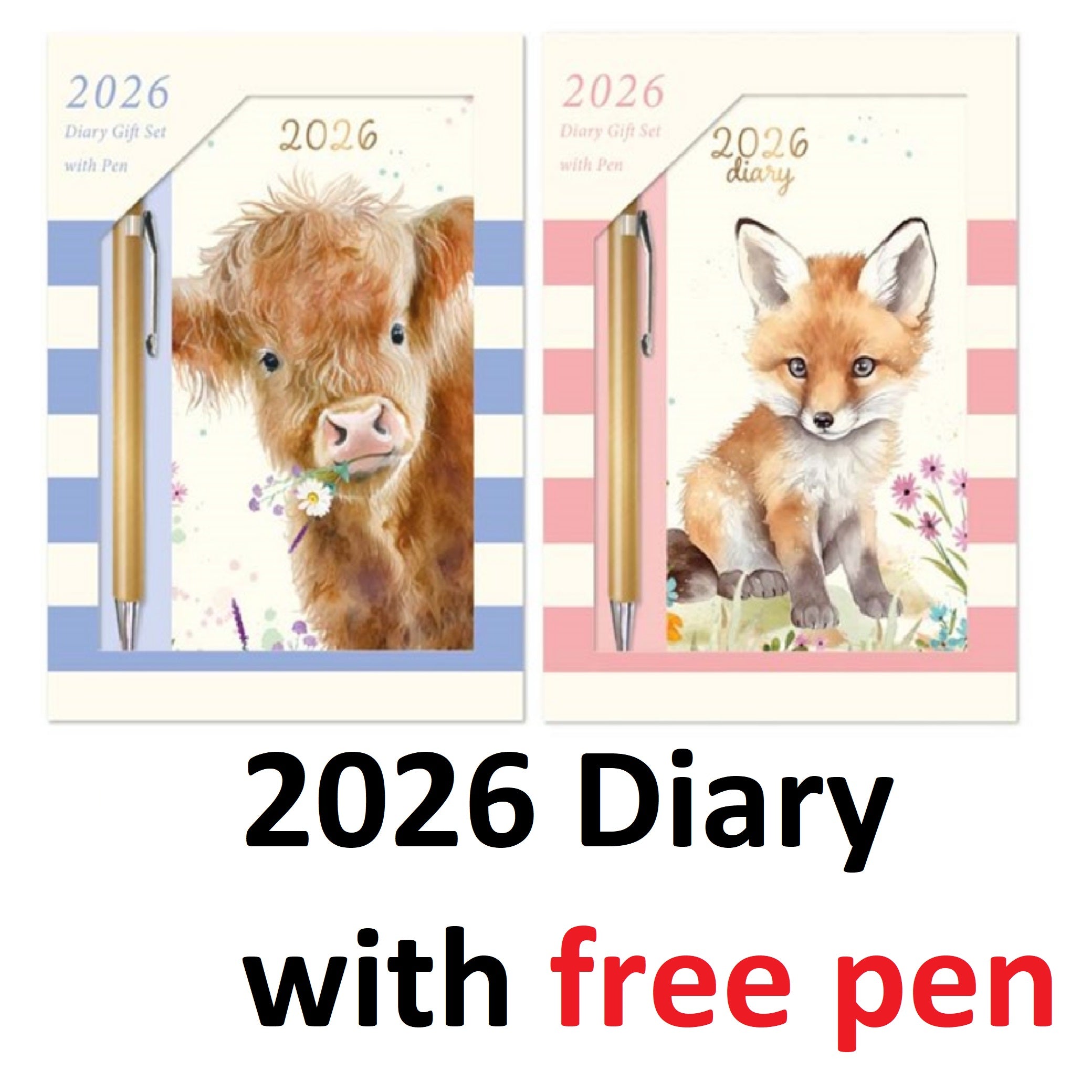 Beclen Harp 2026 SLIM Week to view Cow / Fox Theme Office Home School Desktop Diary with free pen Desktop School Note Date Full Year - Xmas gift