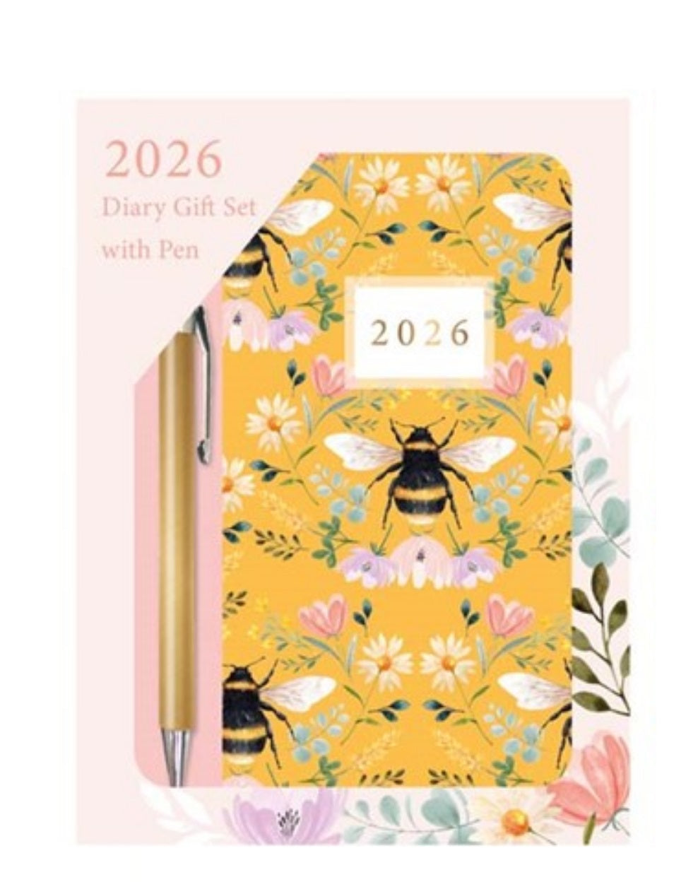 Beclen Harp 2026 Slim Week To View/WTV Luxury Honey bee Print Diary With Pen Gift Set