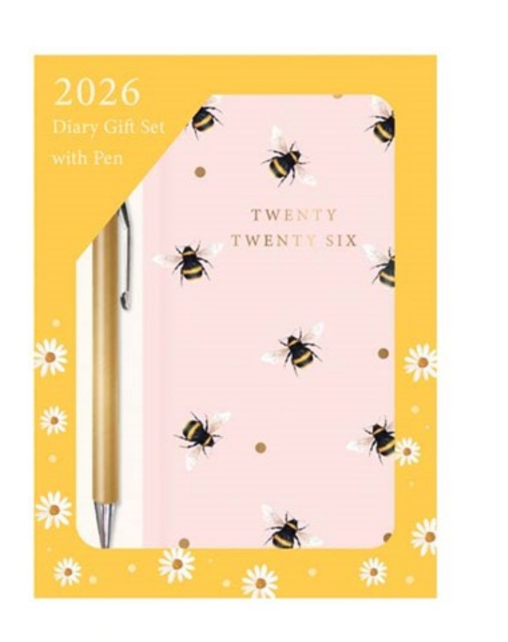 Beclen Harp 2026 Slim Week To View/WTV Luxury Honey bee Print Diary With Pen Gift Set