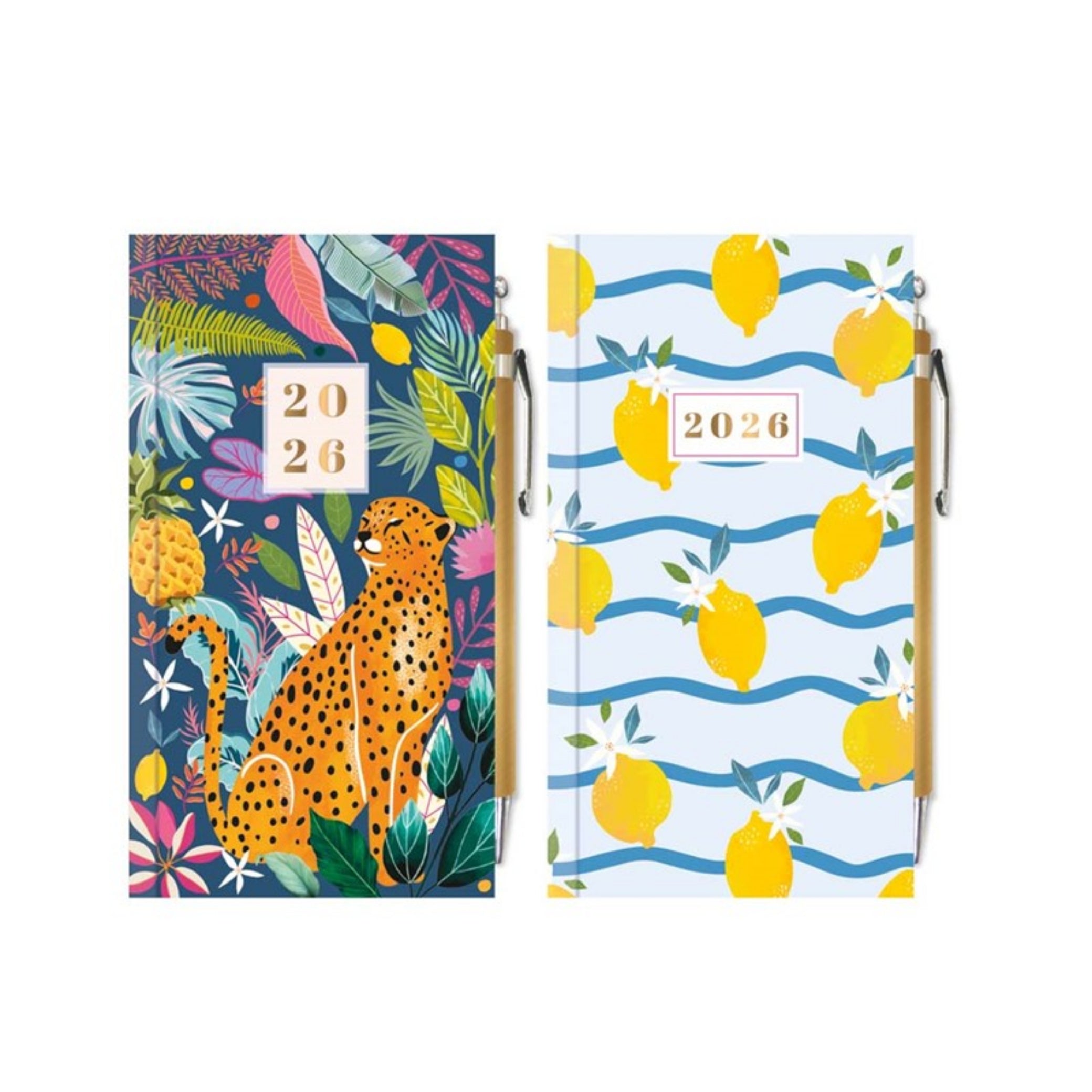 Beclen Harp 2026 SLIM Week to view Hardback Cheetah / Wavy Blue theme Office Home School Desktop Diary Desktop School Note Date Full Year - Xmas gift