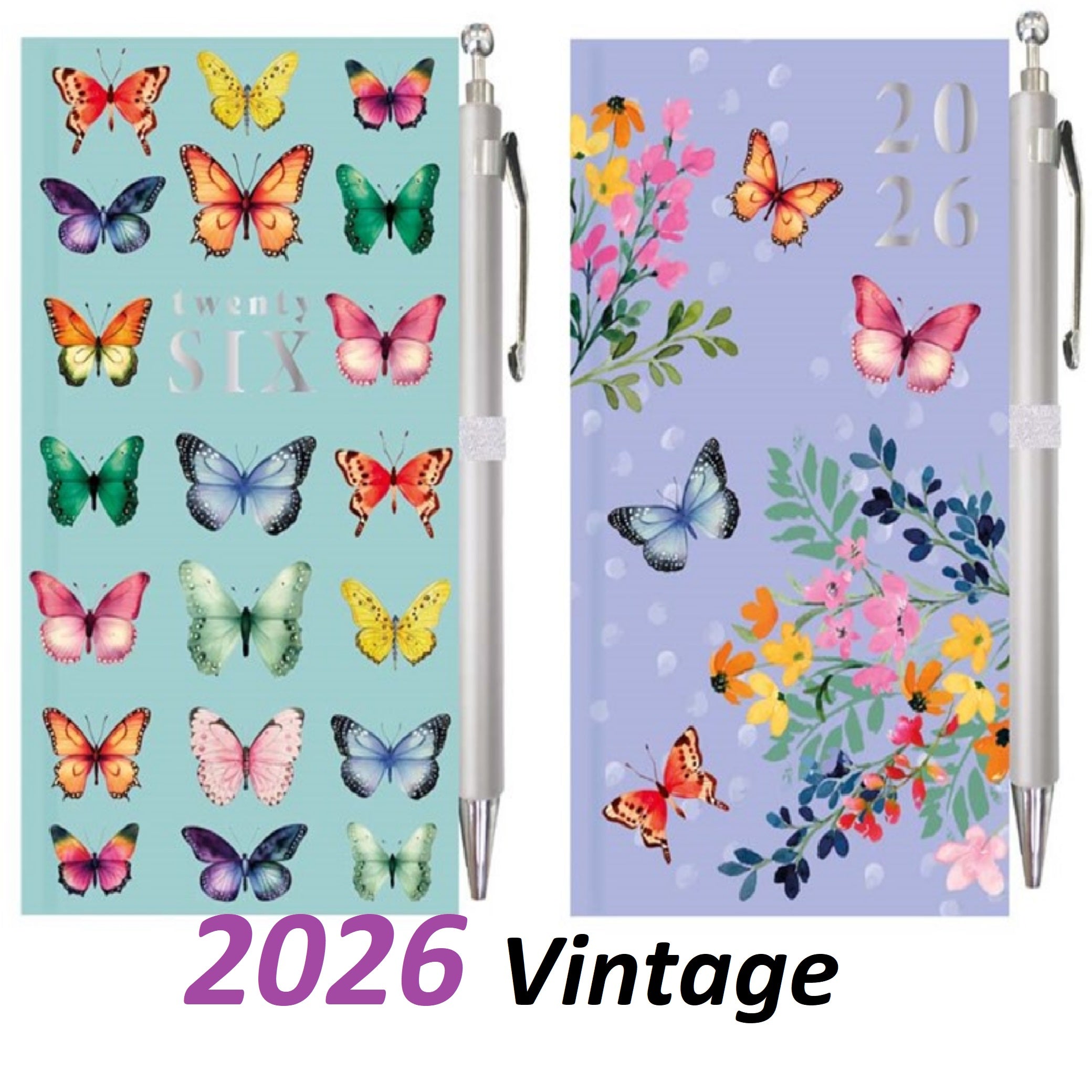 Beclen Harp 2026 Slim Week To View/WTV Personal Diary Vintage Floral And Butterflies Print Cover With Pen Gift Set