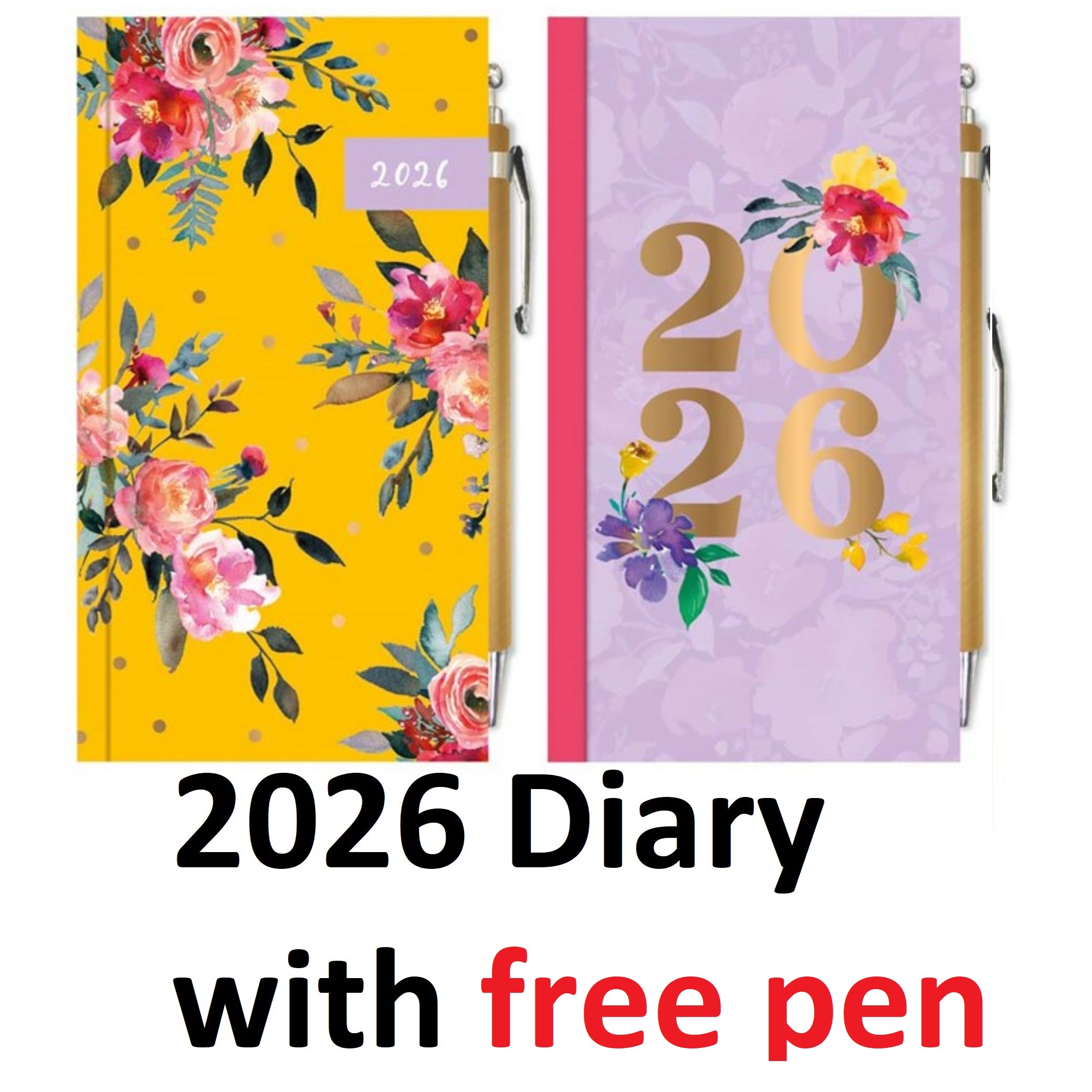 Beclen Harp 2026 SLIM Week to view Flowers Theme Office Home School Desktop Diary with free pen Desktop School Note Date Full Year - Xmas gift