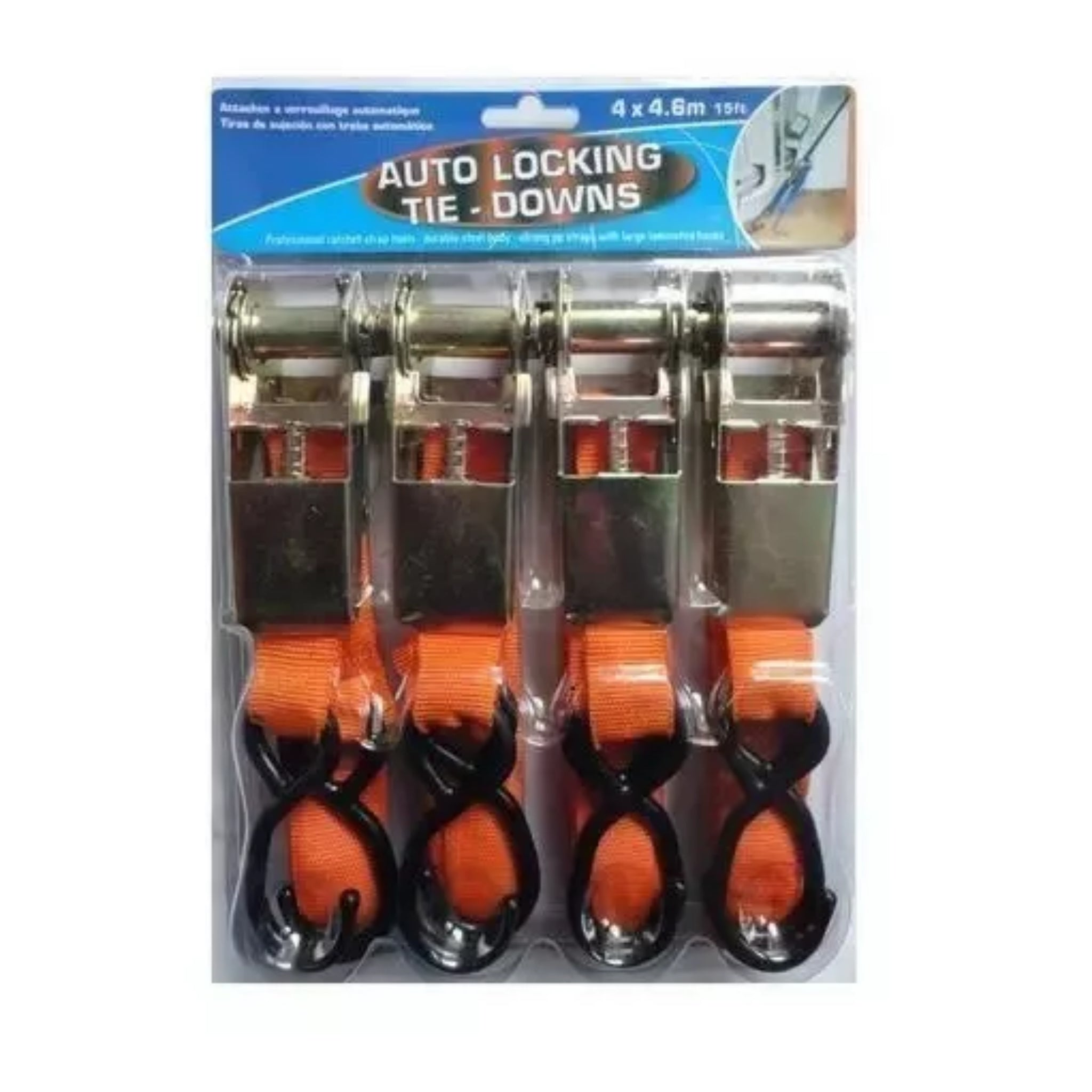 Beclen Harp 4PC HEAVYDUTY RATCHET TIE DOWN STRAP 1” 25MM WIDE 4.6M LONG CARGO ORANGE