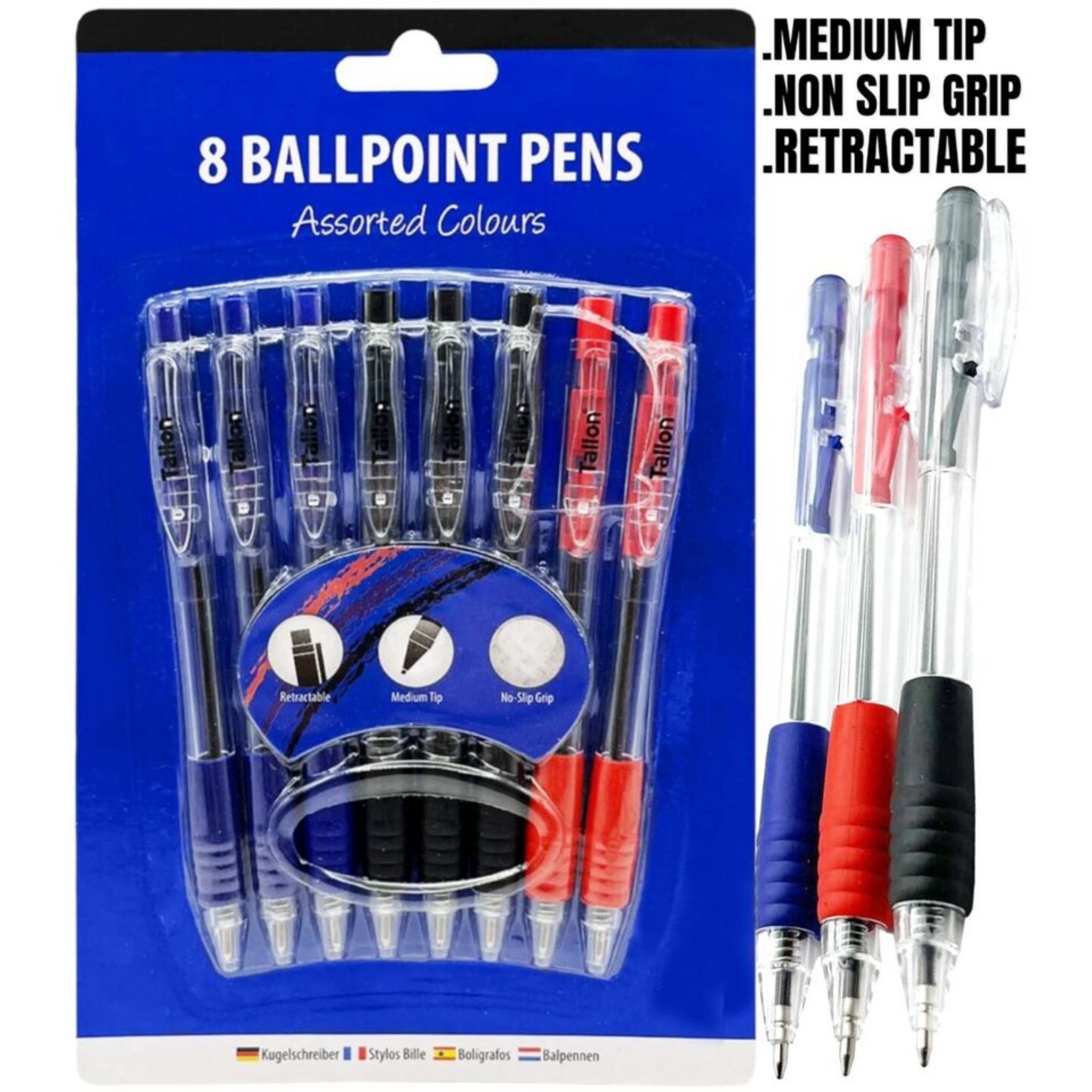 Beclen Harp 8 Ballpoint Pens Set High Quality Soft Non-Slip Grip Medium Ball Point Pen Biros