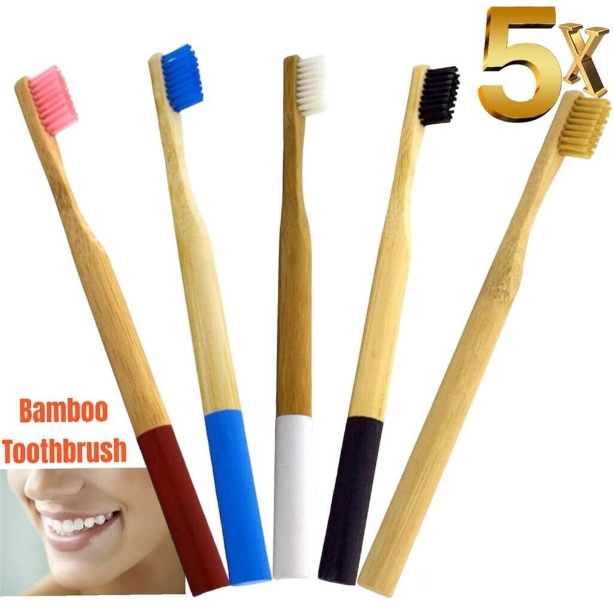 Beclen Harp Bamboo Toothbrush Biodegradable Natural Wooden 5 Pack Eco Medium Waved Bristles