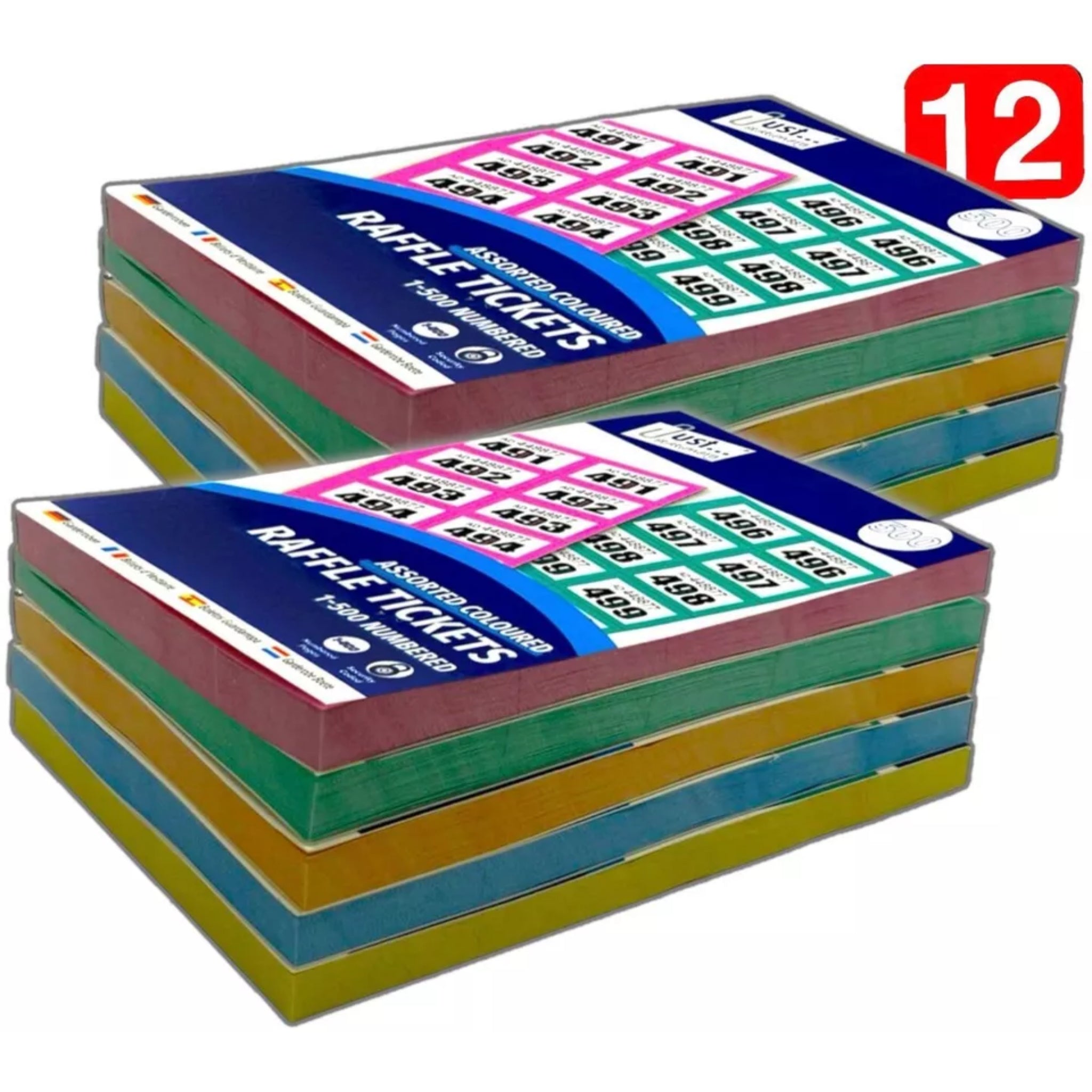 Beclen Harp 12 x Books of 1-500 Cloakroom Raffle Tombola New Draw Tickets Numbered Mixed colours
