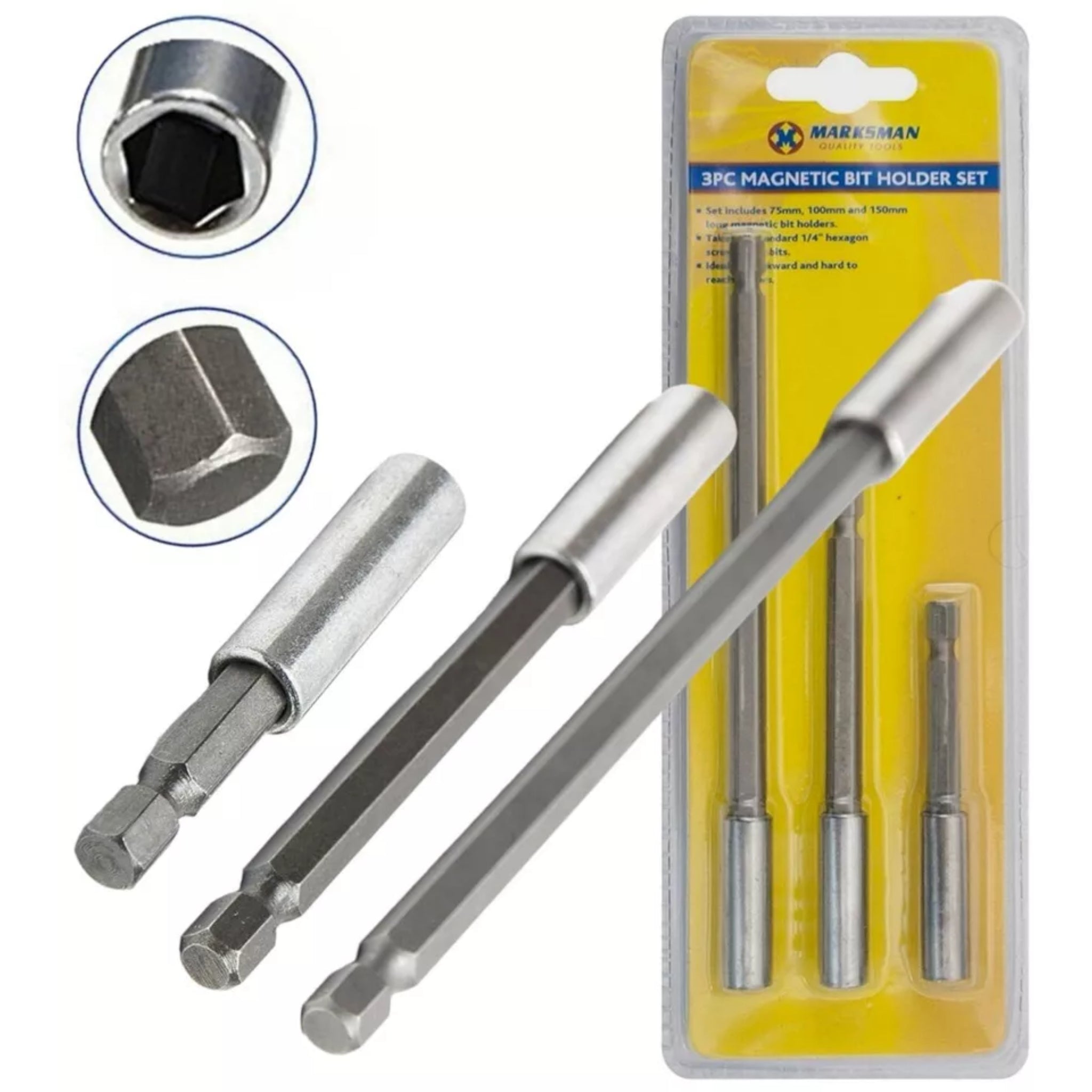 Beclen Harp 3pc 1/4" Magnetic Bit Holder Set Hex Hexagon Screwdriver Drill 75 100 150mm Long