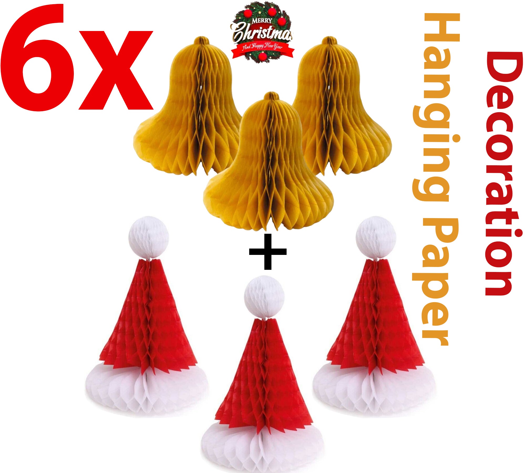 Beclen Harp 6x Christmas Bells + santa hat Party Decor Honeycomb Paper Table Xmas Decoration