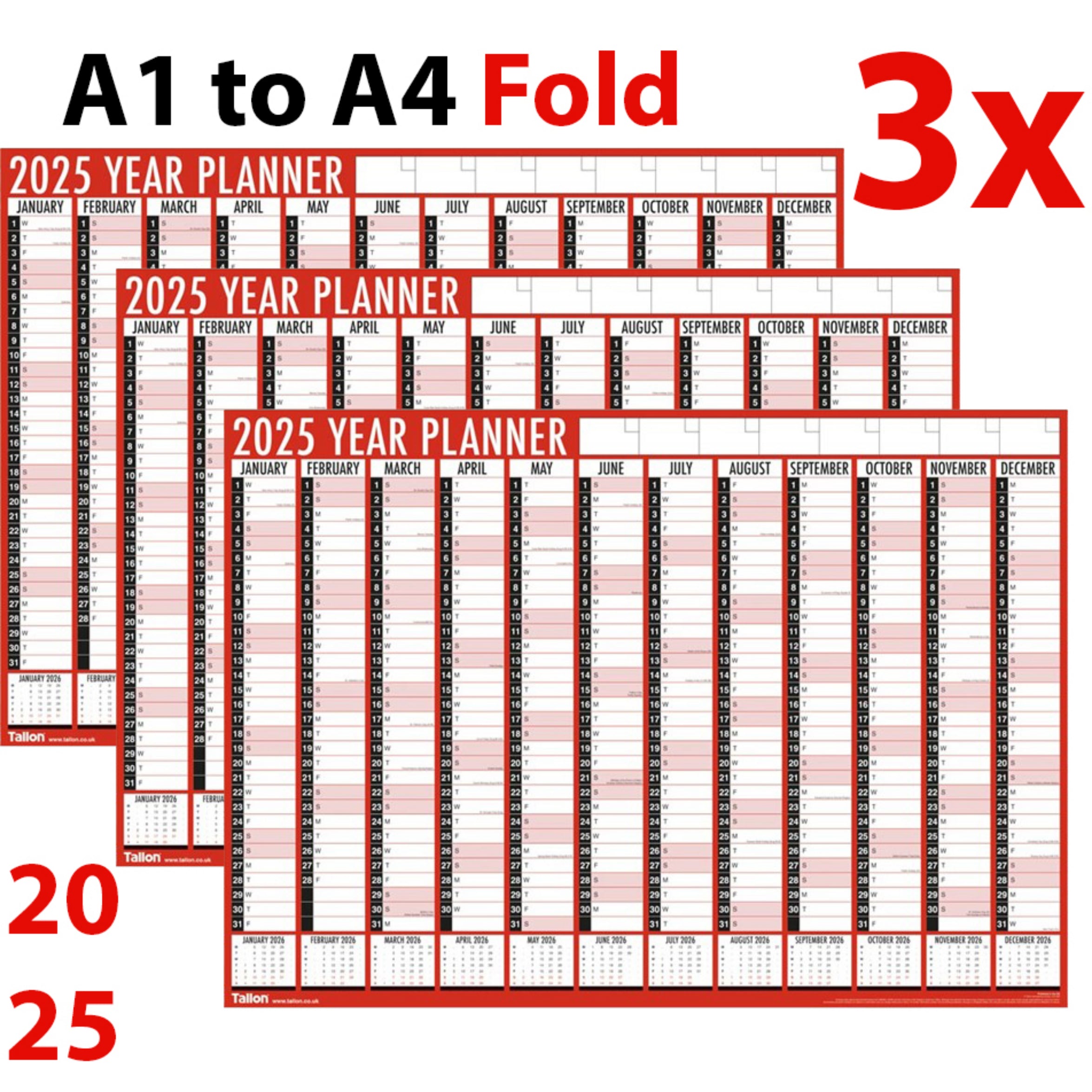 Beclen Harp 3 x 2025 A1 Full Year Annual Yearly Wall Planner Home Office Calendar Organiser
