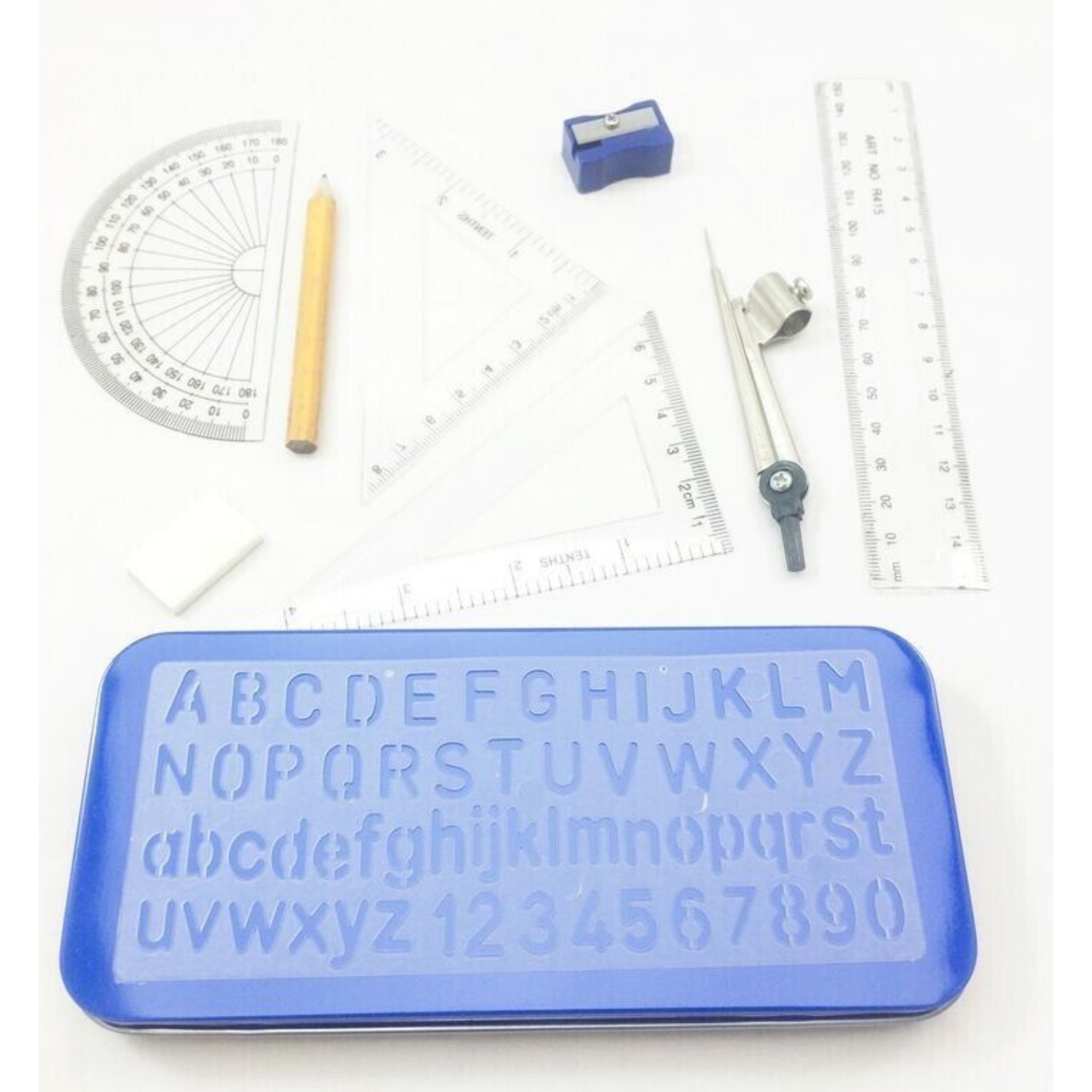 Beclen Harp 10 Piece Maths Set Geometry Compass Ruler Protector School College in Tin Case
