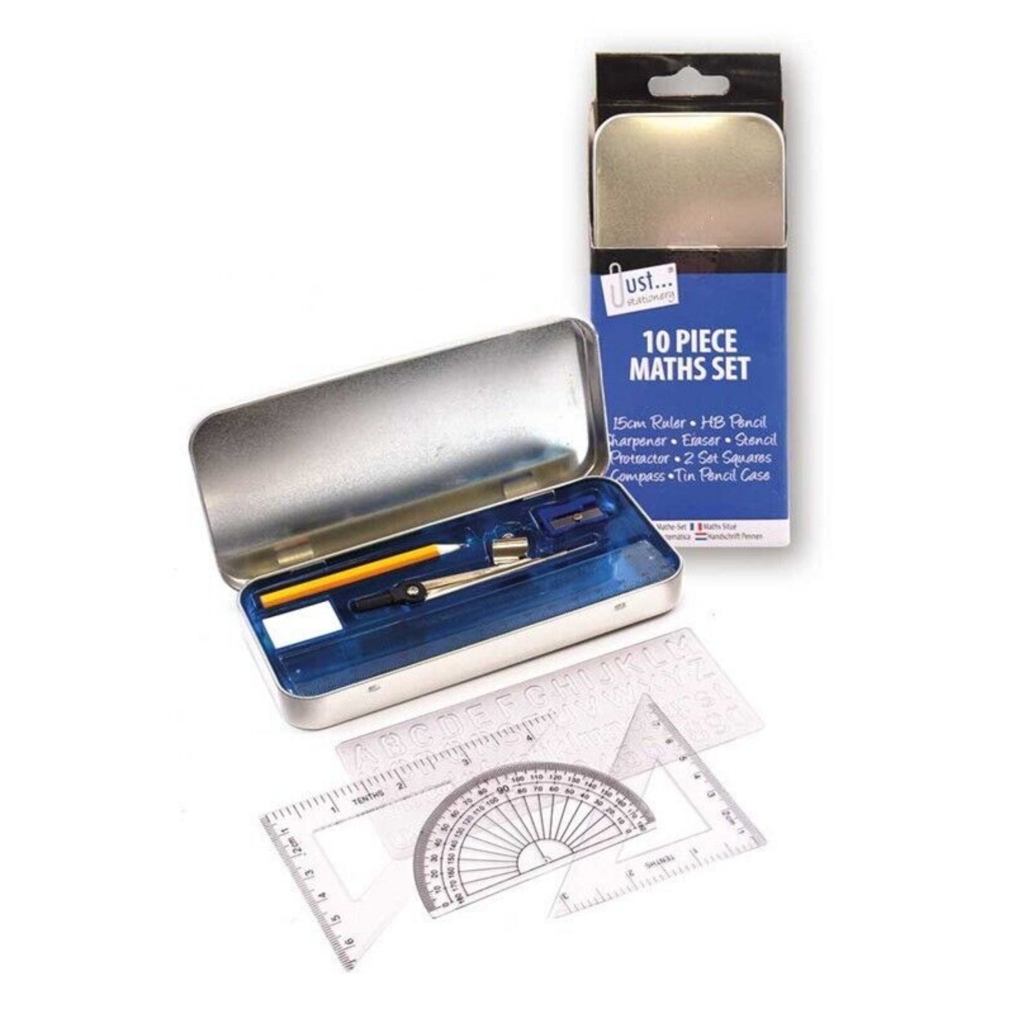 Beclen Harp 10 Piece Maths Set Geometry Compass Ruler Protector School College in Tin Case
