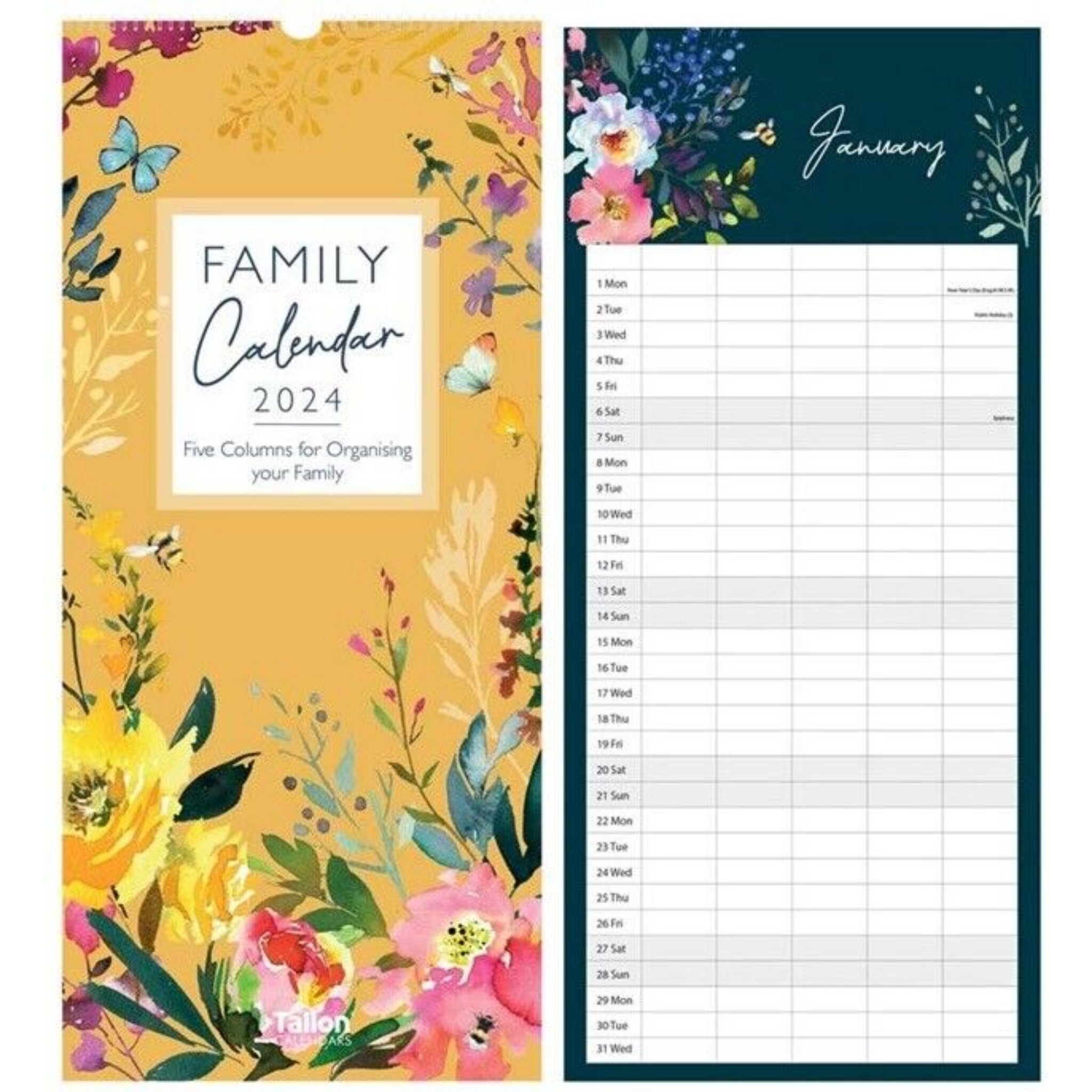 Beclen Harp 2024 Family Organiser 5Columns Calendar Planner Month to View Long Wall Calendar
