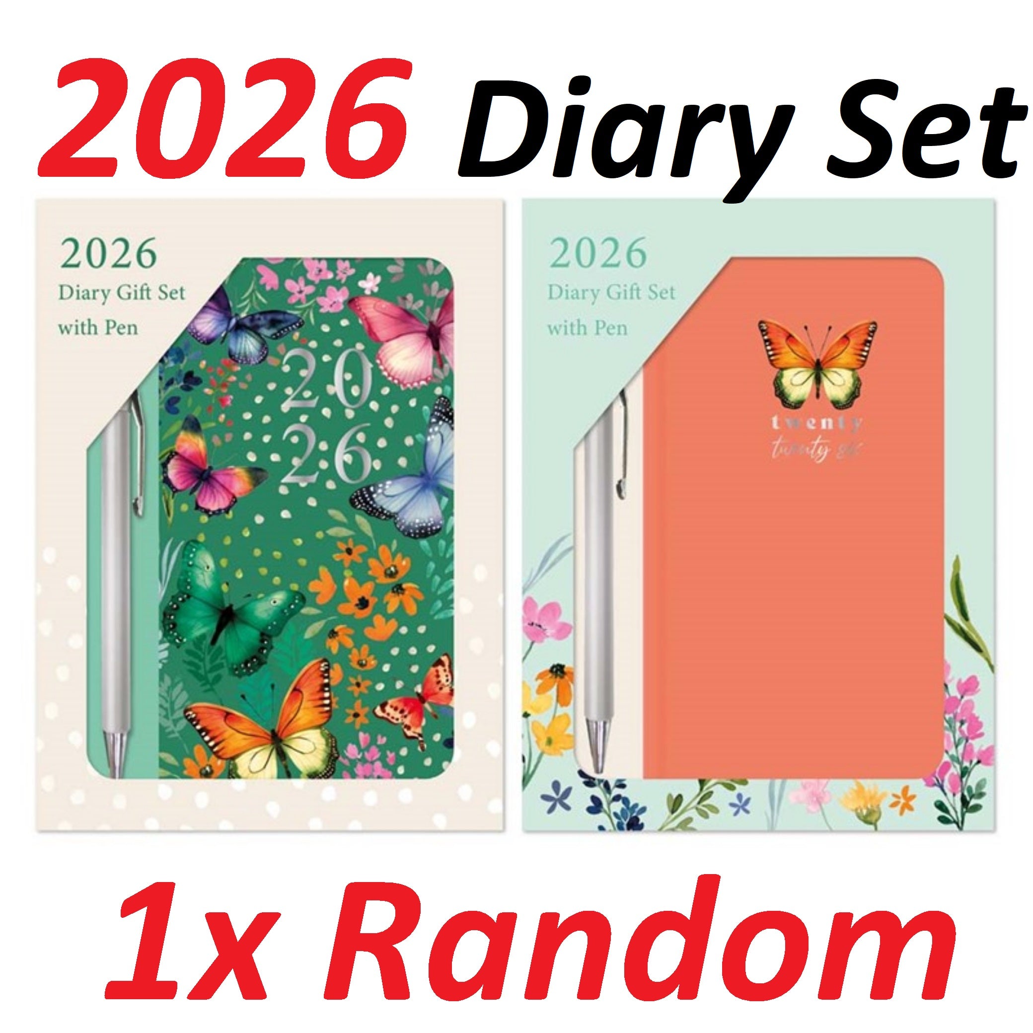 Beclen Harp 2026 SLIM Week to view Cute 1x Random Butterfly Theme with free pen gift set Office Home School Desktop Diary Desktop School Note Date Full Year - Xmas gift