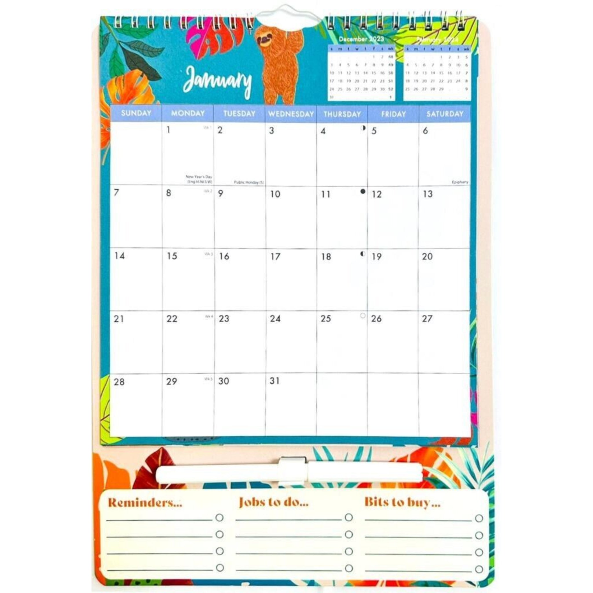 Beclen Harp 2024 Memo Board Calendar Spiral Bound With Family Wipe Off Pen Home Organiser