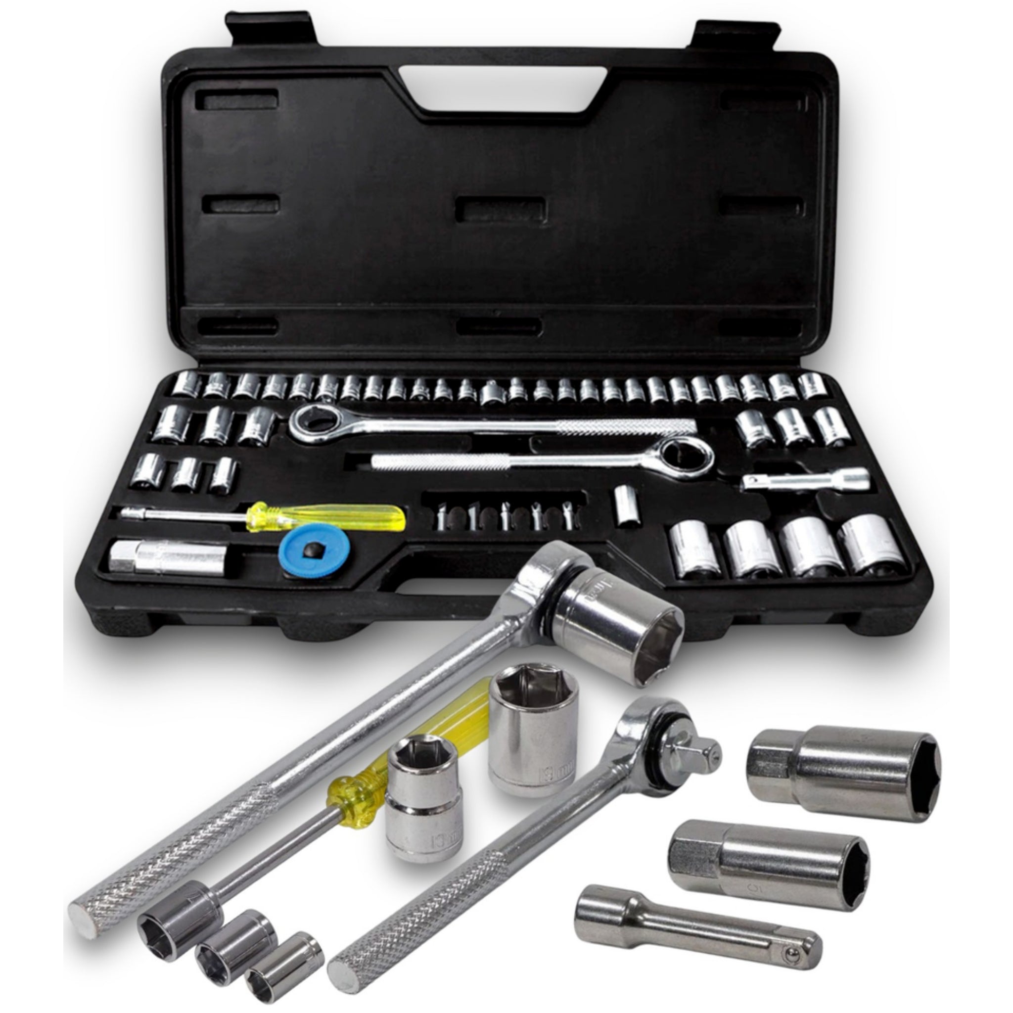 Beclen Harp 52pc 1/4" & 3/8" socket driver set metric imperial ratchet bolts spark with case
