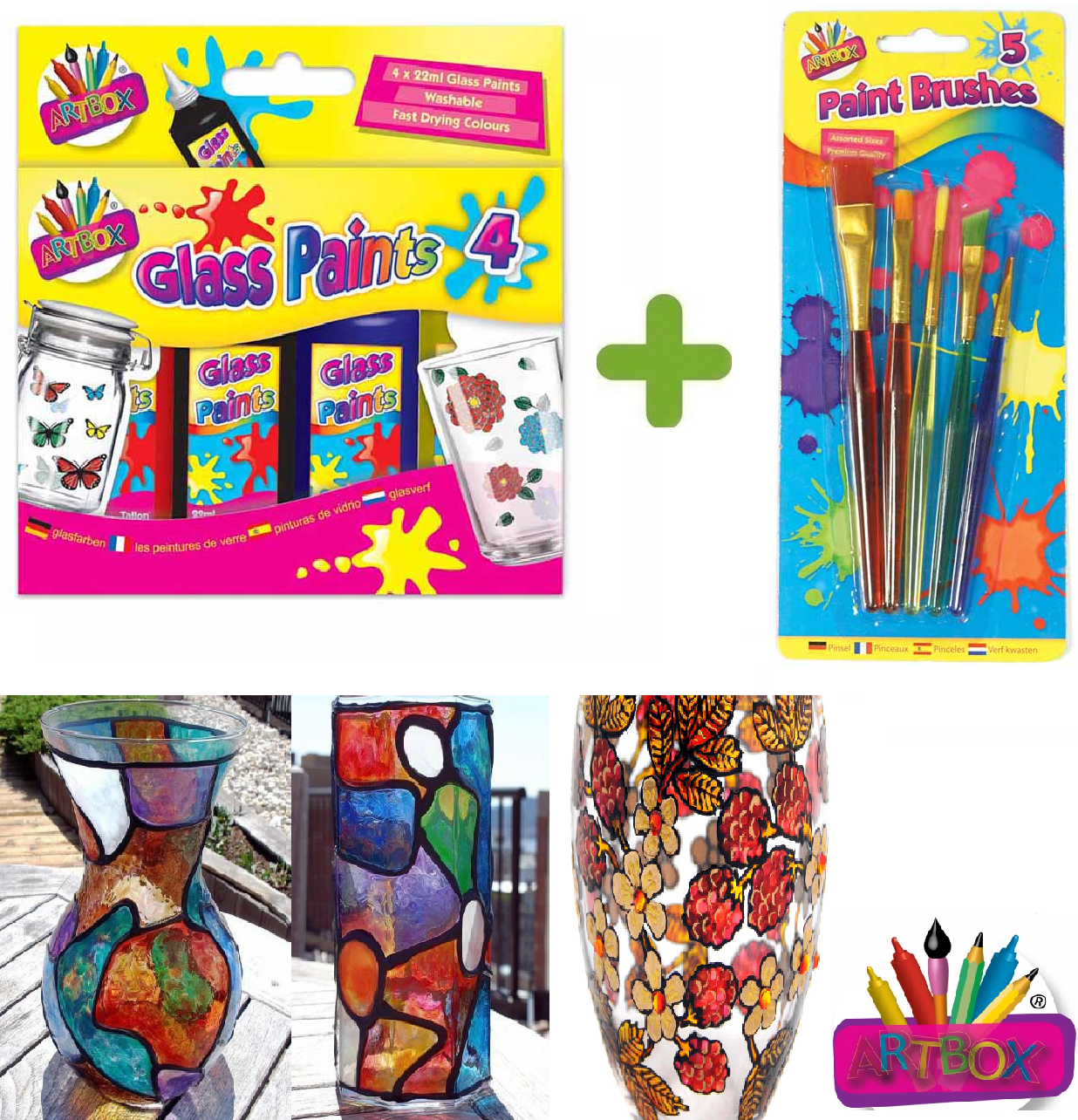 Beclen Harp Childrens 22ml Glass Paints set - 5 Different Shaped Brush Set Creative Art Set