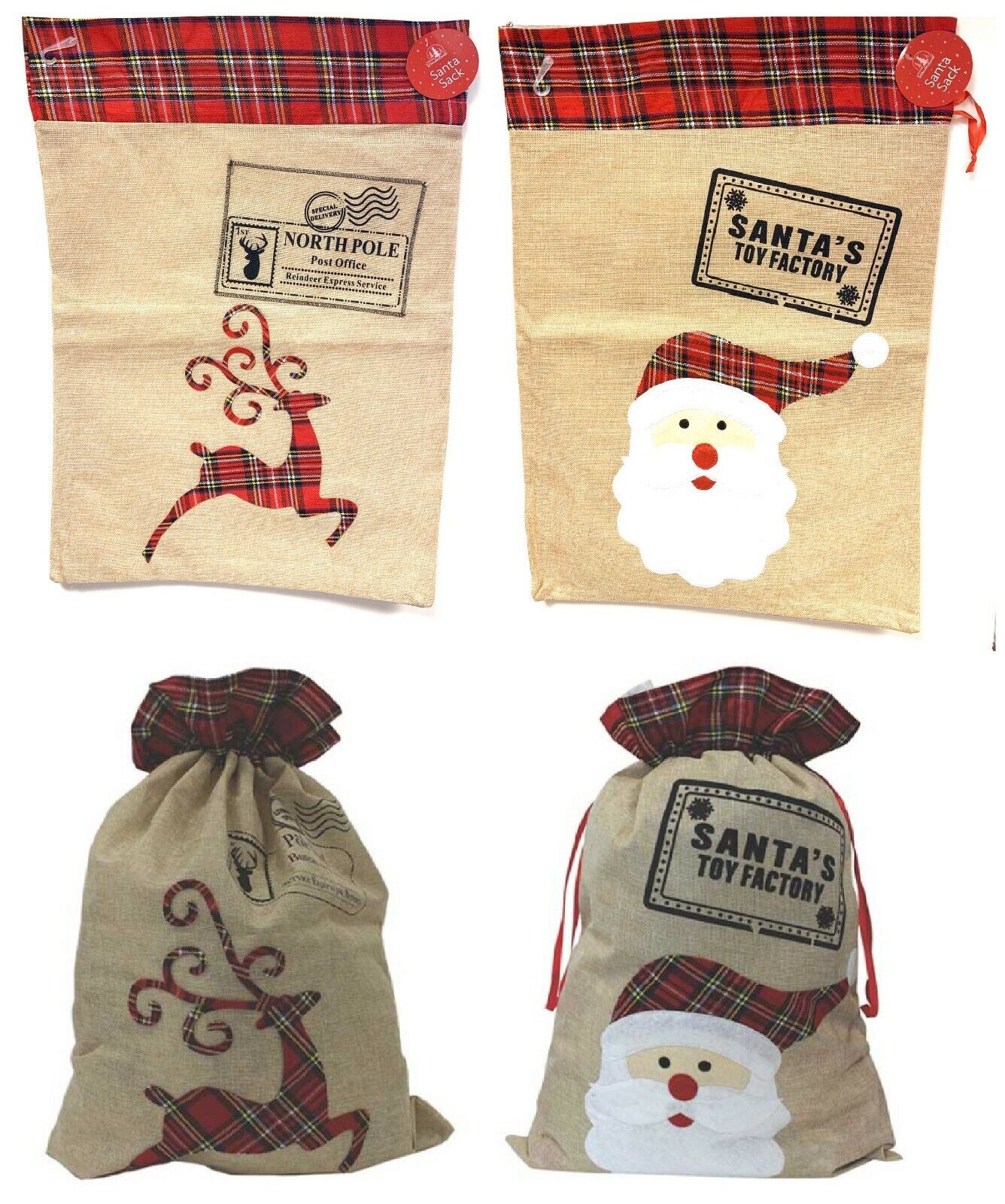 Beclen Harp Large Tartan Trim Hessian Christmas Xmas Sack Rudolf Or Santa Father Christmas