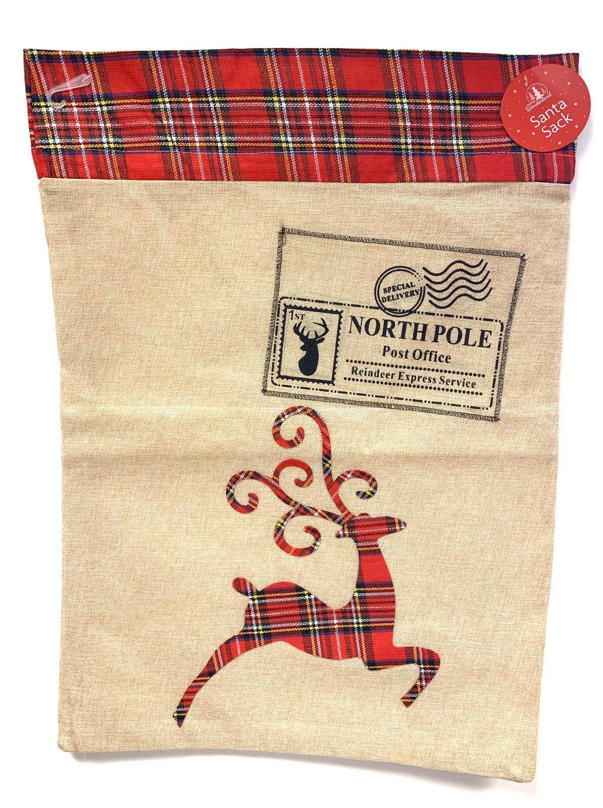 Beclen Harp Large Tartan Trim Hessian Christmas Xmas Sack Rudolf Or Santa Father Christmas