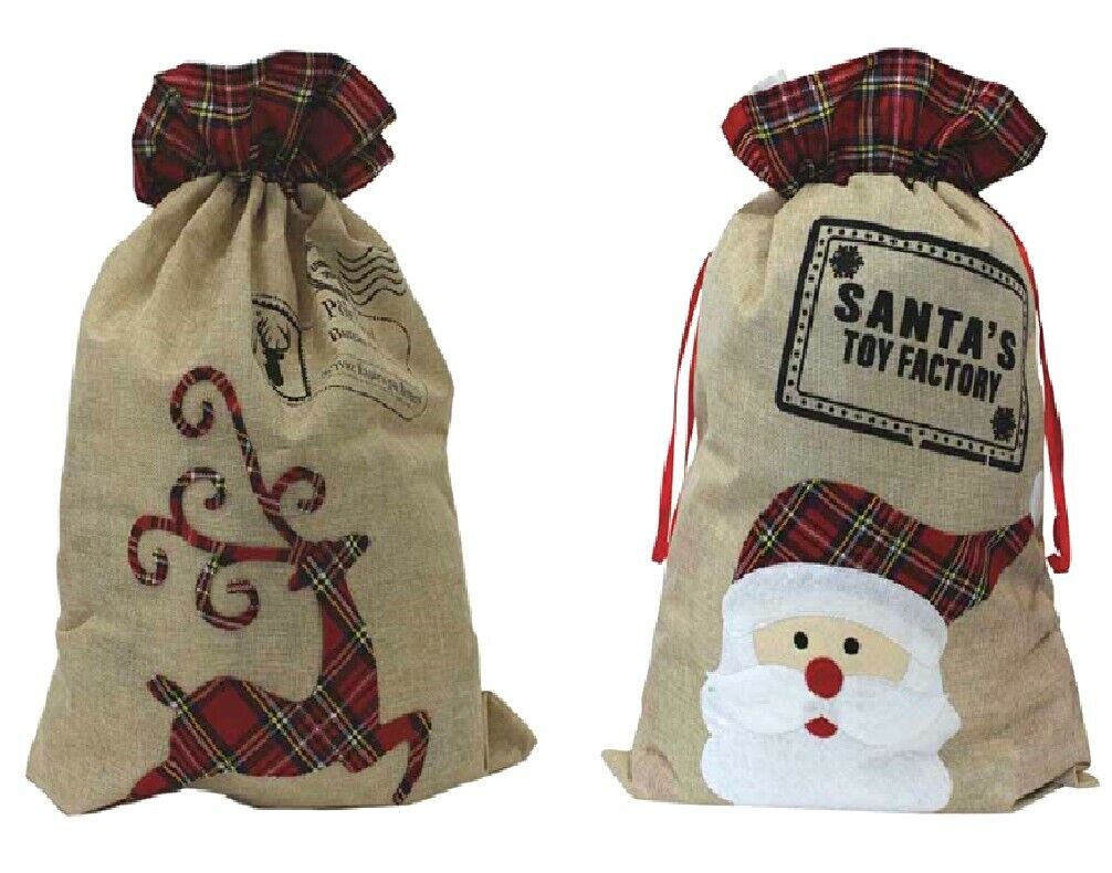 Beclen Harp Large Tartan Trim Hessian Christmas Xmas Sack Rudolf Or Santa Father Christmas