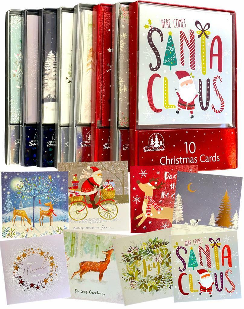 Beclen Harp 10 Pack Square Santa Winter Scene Traditional Glitter Christmas Cards 10 Designs